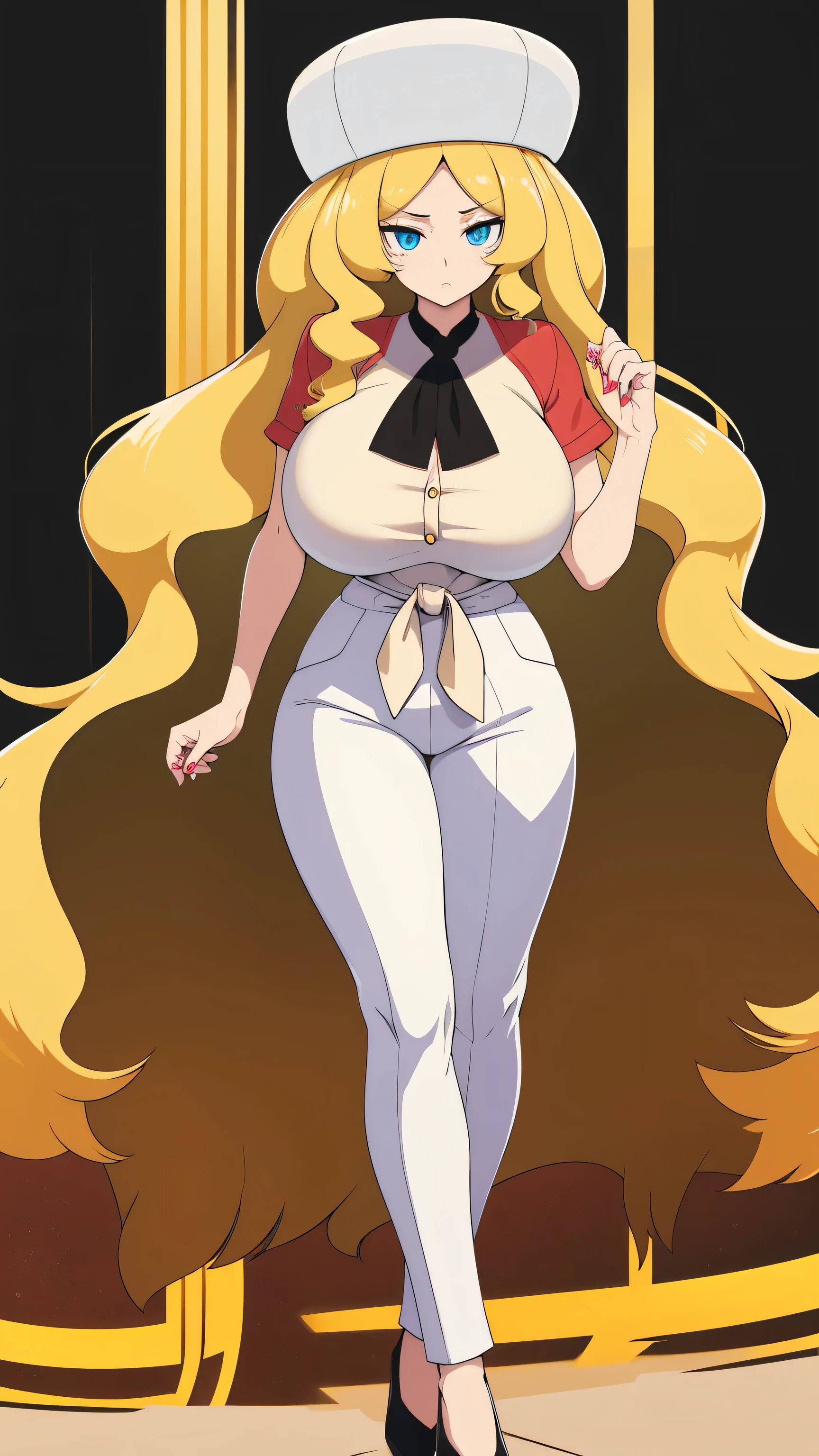 a sexy woman attractive big breast radical youth beautiful long wavy yellow hair wearing cap winter soviet golden her bright colorful eye wears white buttoned blouse tied knot short sleeve and long black pants big thigh sensual long golden heel