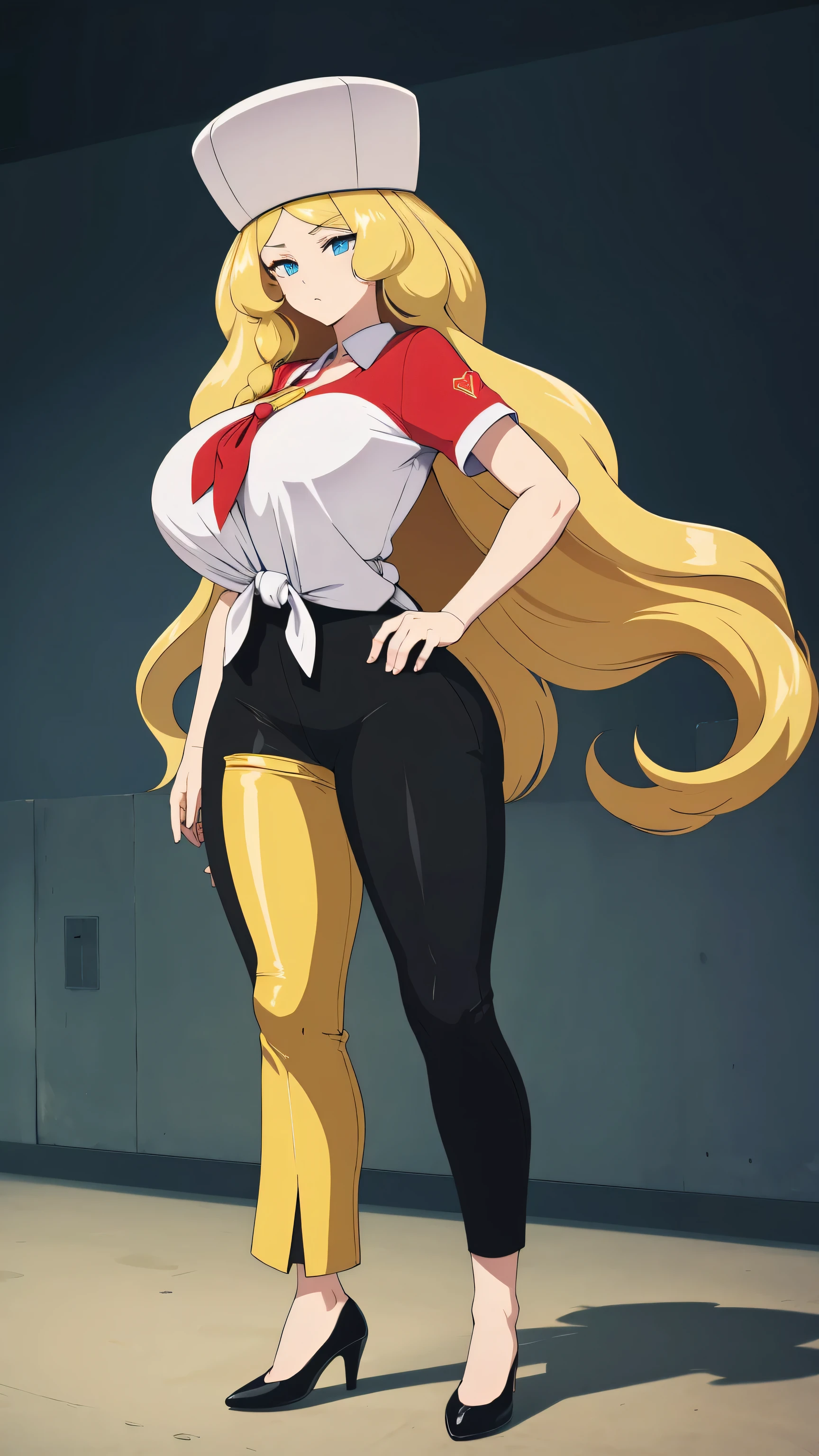 a sexy woman attractive big breast radical youth beautiful long wavy yellow hair wearing cap winter soviet golden her bright colorful eye wears white buttoned blouse tied knot short sleeve and long black pants big thigh sensual long golden heel