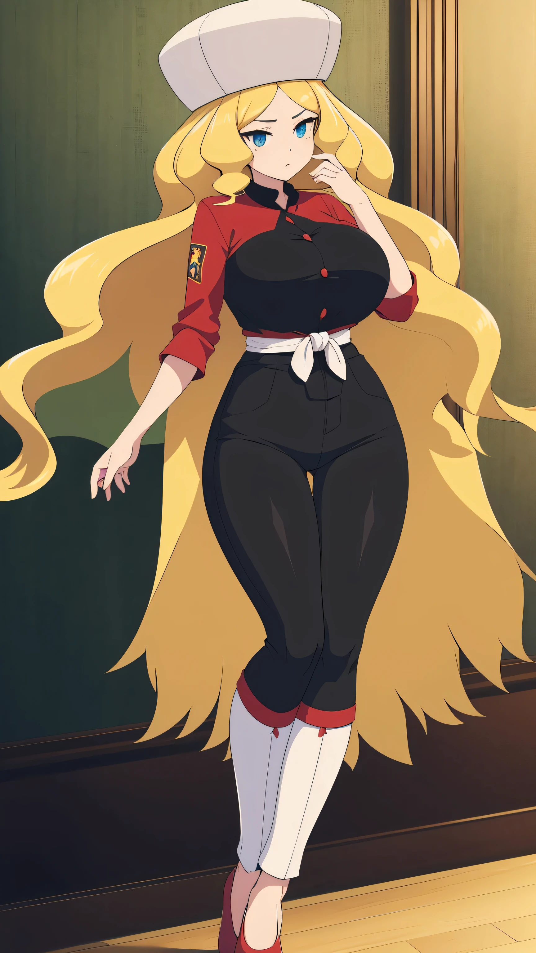 a sexy woman attractive big breast radical youth beautiful long wavy yellow hair wearing cap winter soviet golden her bright colorful eye wears white buttoned blouse tied knot short sleeve and long black pants big thigh sensual long golden heel