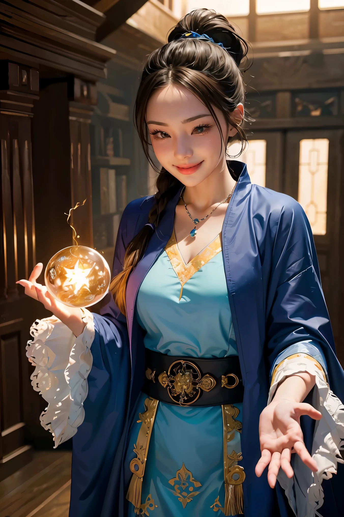 1girl, scolorful portrait illustration, (attractive female as a wizard, ponytail, wearing_long_flowing_blue_intricately_embroidered_wizard_robes), (necklace, pouches, belts, smiling, highly detailed face, masterpiece, best quality), highly detailed, (in a dungeon), mage_glam, (large glowing runed circles), fire and ice, casting a spell, ultra high resolution, by Alexandre Calame and Alyssa Monks and Shigeru Ban