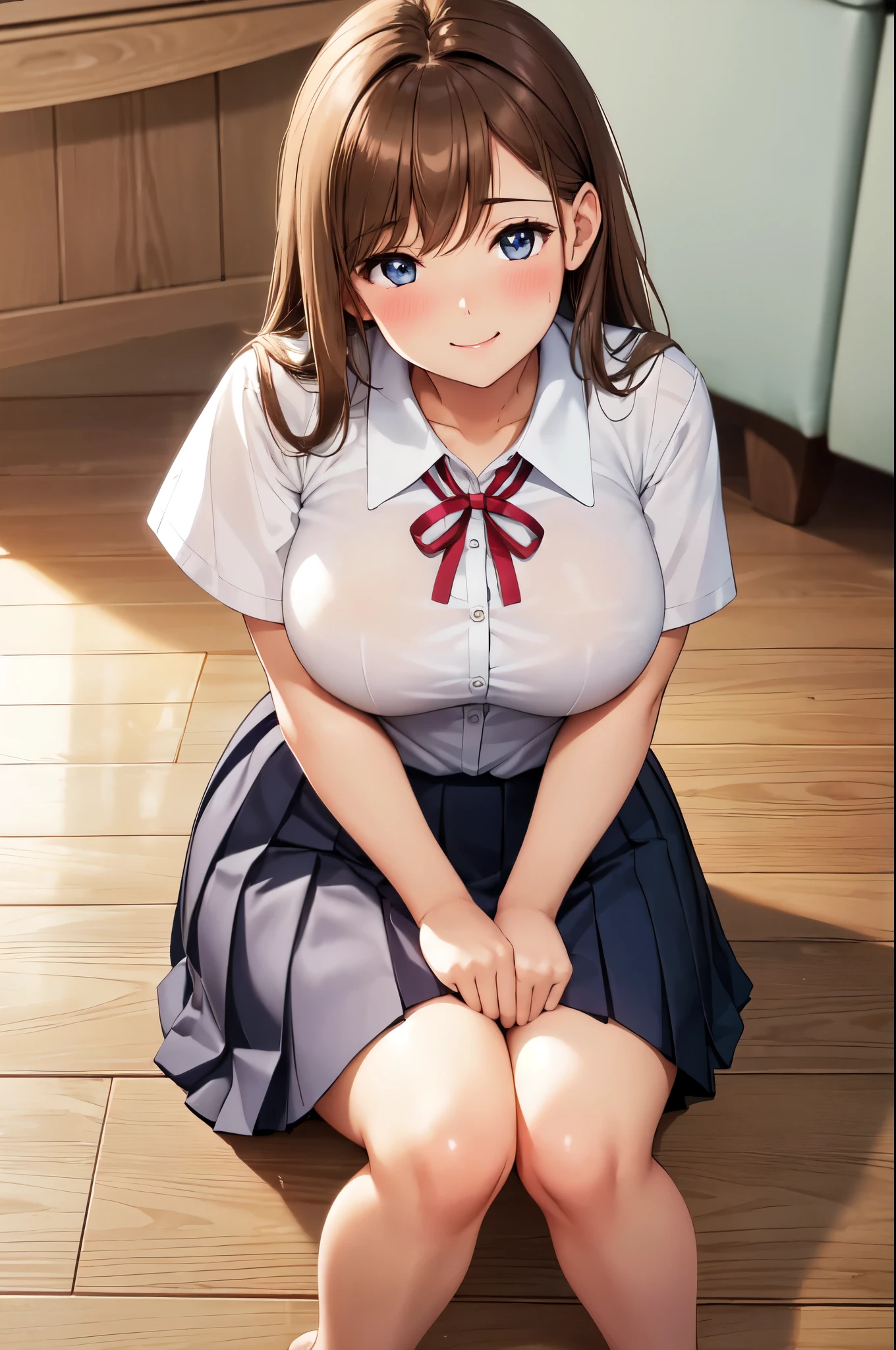 ((Highest quality)), ((masterpiece)), (detailed), woman,Age 25,(White knitted sweater),(mini skirt),Shoulder Bare,Big Breasts,blush,Underbust,(Her cleavage is visible),(Excited expression),(Seduce),night,indoor,Remains,nightのRemains,Dim lighting,(In a dimly lit room),(In a messy room),Browsing Caution,sexy,dirty,Sweat,(Black knee-high socks),(Hold your chest together with both hands),(Sticking out tongue),(The mouth becomes white and dirty),