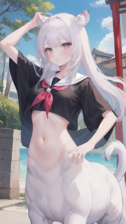 ((best quality, Masterpiece, perfect anatomy, Detailed pictures)), furry, 1 woman, arctic ferret, sexy, long white hair, ponytail, gray eyes, timid, ferret tail, Black bikini, red red, shy, in the cherry tree, Wet