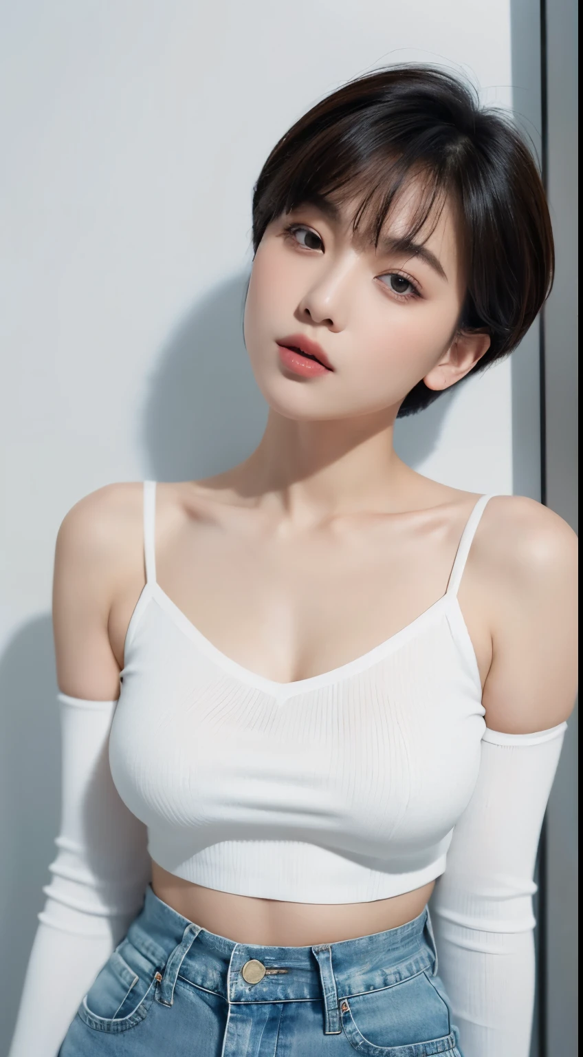 Amazing portrait of a sexy woman with her short hair in a bob style with her soft gentle eyes gazing at us seductively with her perfect lips parted wearing a tight white full sleeved crop top showcasing her medium chest and denim shorts showing her voluptuous body and the creamy expanse of her porcelain skin