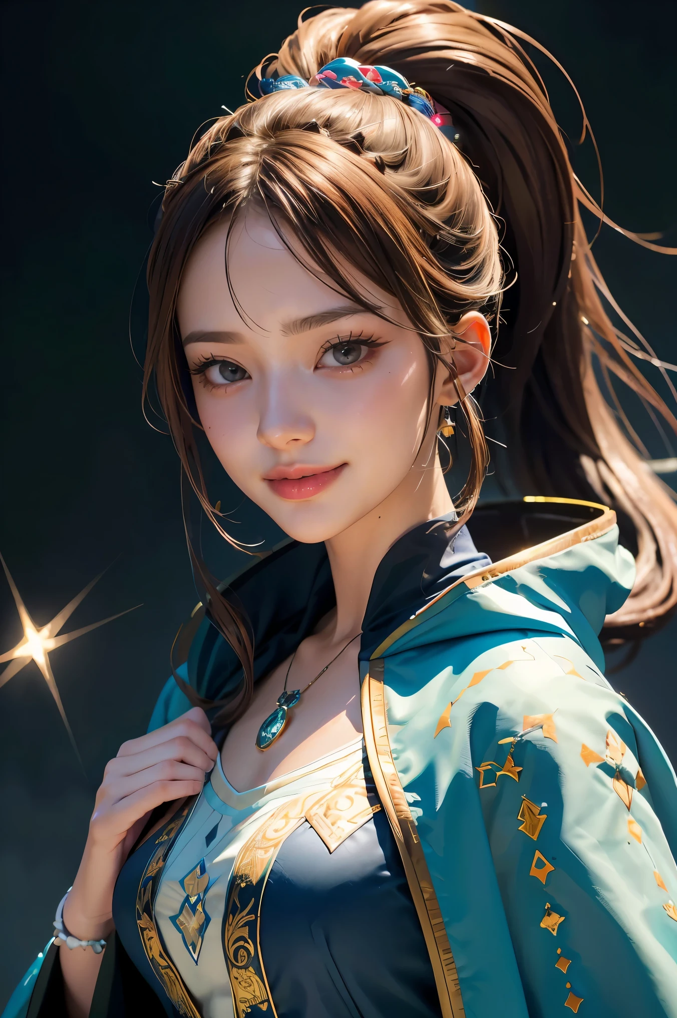 1girl, scolorful portrait illustration, (attractive female as a wizard, ponytail, wearing_long_flowing_blue_intricately_embroidered_wizard_robes), (necklace, pouches, belts, smiling, highly detailed face, masterpiece, best quality), highly detailed, (in a dungeon), mage_glam, (large glowing runed circles), fire and ice, casting a spell, ultra high resolution, by Alexandre Calame and Alyssa Monks and Shigeru Ban