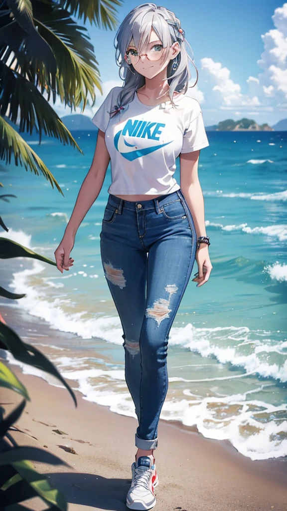 detailed portrait of a beautiful young woman with silver hair, wearing stylish glasses, a cute t-shirt, jeans, and Nike sneakers, walking on the beach in the summer sun, smiling, with a slim figure, highly detailed, photorealistic, masterpiece, 8k, ultra-detailed, realistic, vivid colors, natural lighting, intricate details, elegant, serene, coastal landscape, warm summer atmosphere