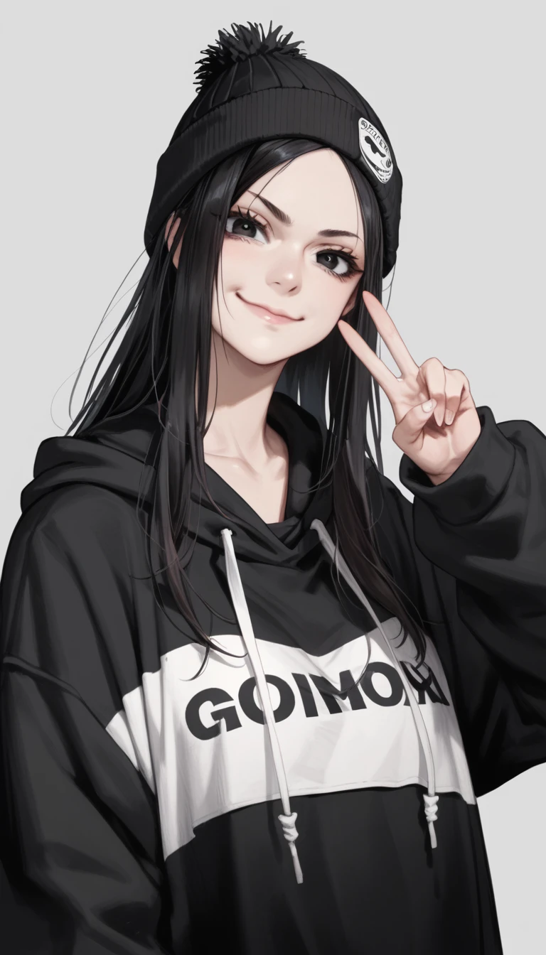 Cartoon of a girl, closed mouth, smirk, big eyes, black eyes, looking at viewer, black hair, long hair, baggy hoodie, black hoodie, white drawstring, black beanie, v sign, simple background, grey background
