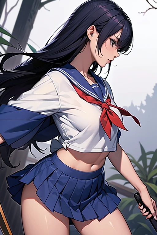 (Masterpiece), Best Quality, ultra-detailed, 1girl (SMMars, Slender and sexy body, lovely breasts, dark skin, black hair, very long hair, red eyes, half-closed eyes), evil face, smirk, parted lips, mascara, full makeup, black eyeshadow, red lipstick, solo, facing viewer, looking at viewer, black latex leotard, cleavage, purple pleats skirt, ultra mini skirt, elbow gloves, skull, skull brooch,jewelry,purple bow, purple choker, red gemstone, purple sailor collar, shirt, short sleeves , full moon, outdoor, fog, standing, Sexy waist teasing, come-on, temptation, love juice flows out of her pussy