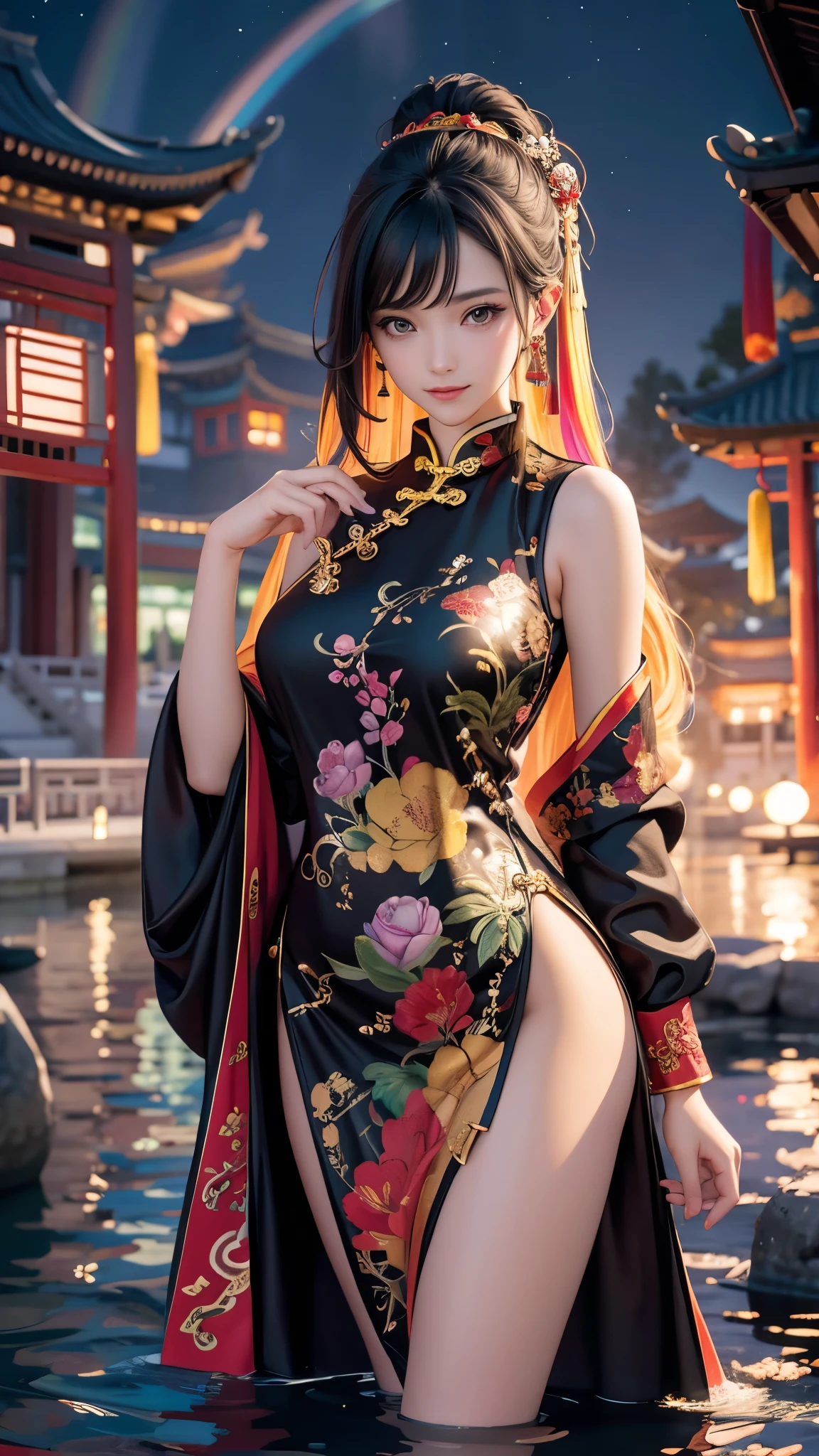 ((Best Quality)),(Ultra-high resolution),(Super detailed),(Detailed Description),((The best CG)),(masterpiece),Highly detailed art,(Art with precise detail:1.5), (Adult female:1.7),(Rainbow-colored Chinese dress:1.5, Shining:1.4, Deep slit:1.6),Gentle smile:1.4, (Moonlight reflected on the water:1.6), The city&#39;s rich history, nature, wonder, imagination,Poetic nuance, Towering spire, Cascading Waterfall, Shining, grace, A fascinating floating city