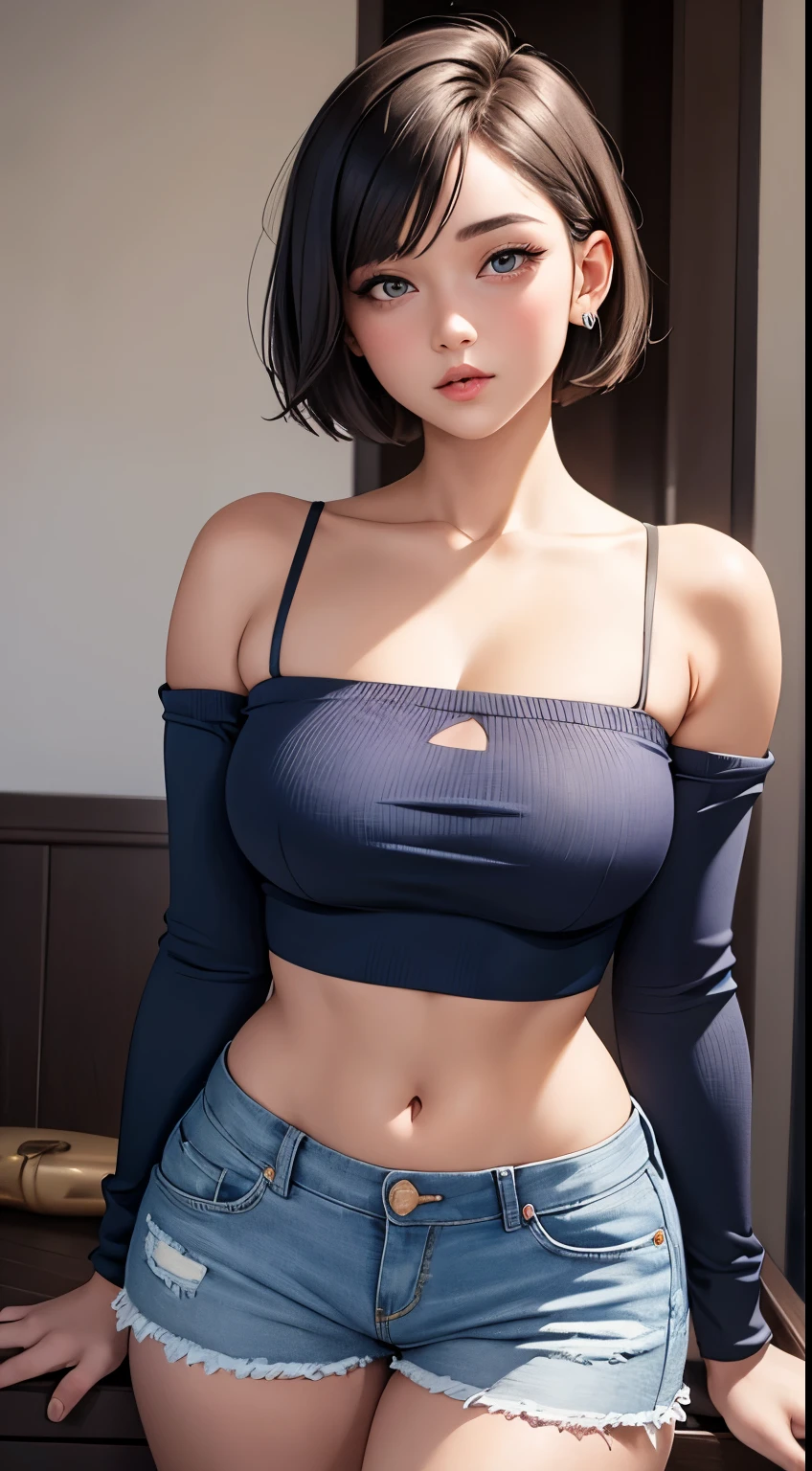 Amazing portrait of a sexy woman with her short hair in a bob style with her soft gentle eyes gazing at us seductively with her perfect lips parted wearing a tight white full sleeved crop top showcasing her medium chest and denim shorts showing her voluptuous body and the creamy expanse of her porcelain skin