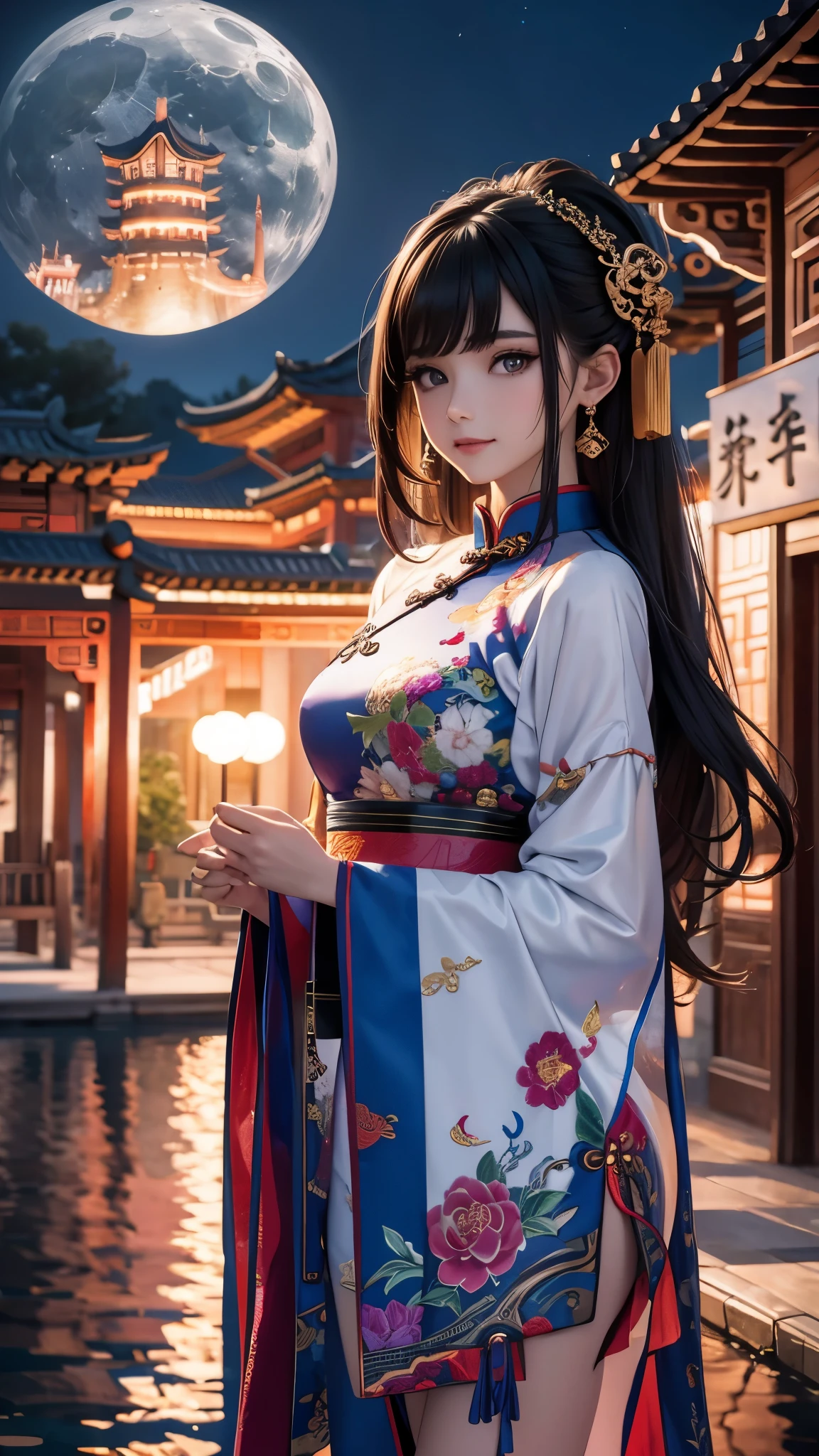 ((Best Quality)),(Ultra-high resolution),(Super detailed),(Detailed Description),((The best CG)),(masterpiece),Highly detailed art,(Art with precise detail:1.5), (Adult female:1.7),(Chinese dress:1.5,Rainbow:1.7,Shining:1.4, Deep slit:1.6),Gentle smile:1.4, (Moonlight reflected on the water:1.6), The city&#39;s rich history, nature, wonder, imagination,Poetic nuance, Towering spire, Cascading Waterfall, Shining, grace, A fascinating floating city