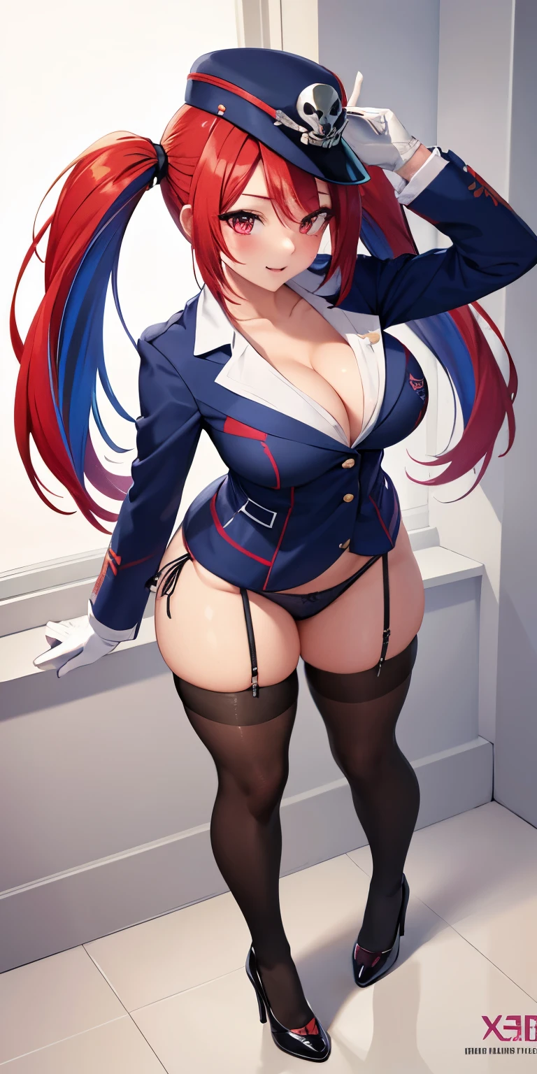 1 Female,High definition,high resolution,Ultra-realistic,8K, 1girl, solo, red hair, red eyes, twintails, employee uniform, pencil skirt, skull print, navy cap, fang, black legwear, white gloves , high heels,medium breasts,European,sexy,Upper body close-up,Photographed from the front,Dynamic Angles,private teacher,A little sheer underwear,blue underwear,blush, big tits ,(show panties ),(top view),(full body), Multicolored hair , perfect face,cute face,perfect face,cute face,ultra high definition, detailed face,8k