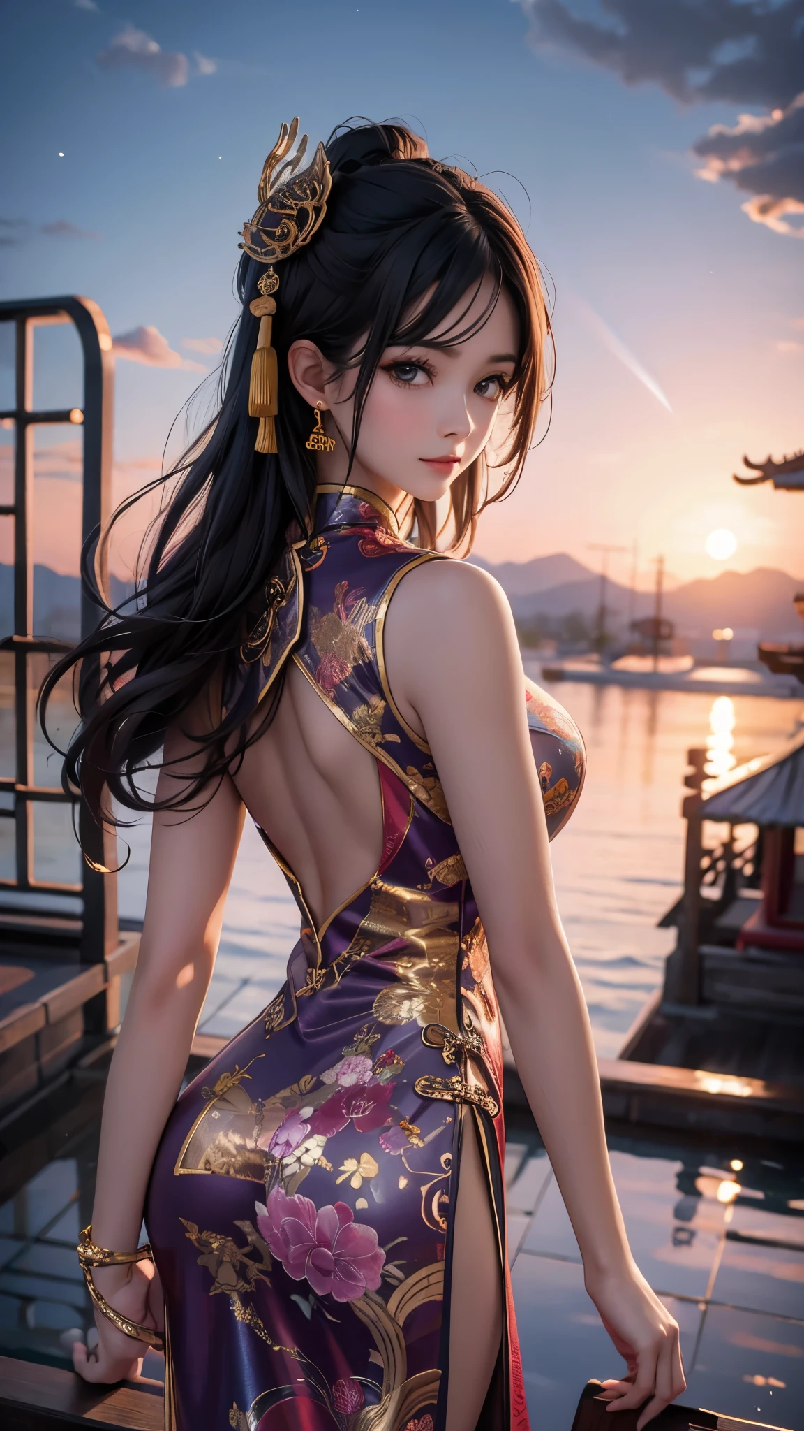 ((Best Quality)),(Ultra-high resolution),(Super detailed),(Detailed Description),((The best CG)),(masterpiece),Highly detailed art,(Art with precise detail:1.5), (Adult female:1.7),(Chinese dress:1.5,Rainbow:1.7,Shining:1.4, Deep slit:1.6),Gentle smile:1.4, (Moonlight reflected on the water:1.6), The city&#39;s rich history, nature, wonder, imagination,Poetic nuance, Towering spire, Cascading Waterfall, Shining, grace, A fascinating floating city