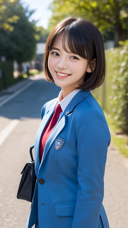 (photo Realistic:1.4), (hyper Realistic:1.4), (Realistic:1.3), (Smoother lighting:1.05), (Improve the quality of cinematic lighting:0.9)、Natural Light、Cherry trees in full bloom々、A girl in uniform standing in front of the school gate、美しいHigh school girl、Official artwork with intricate detail、Realistic 3d style、超Realistic、(Smile like a smile)、Cute eyes、Beautiful girl with short hair、Attractive look、Smiling woman、High school girl, Blue blazer、School Uniform、White Shirt、Red Tie