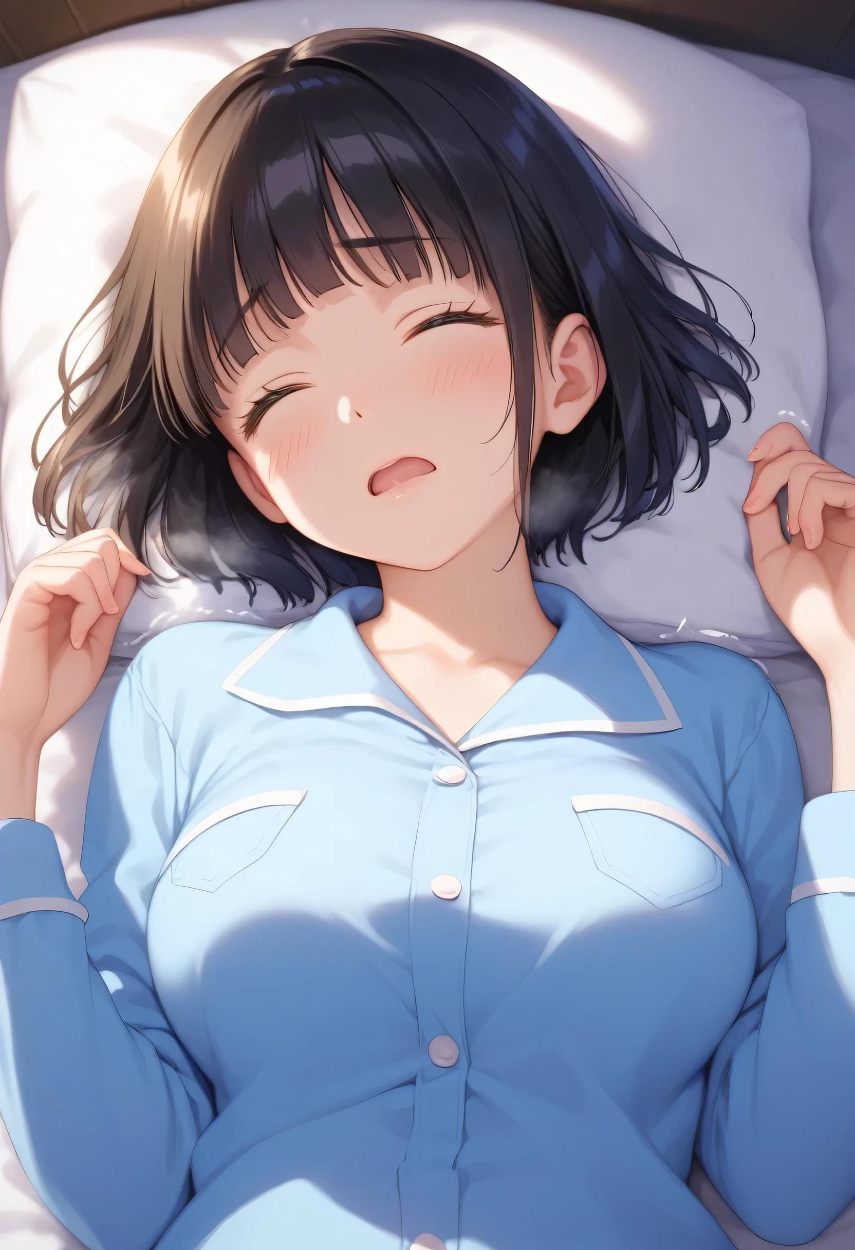 score_9,score_8_up,score_7_up,masterpiece,highest quality, source_anime, realistic, super detailed, extreme detailed, rating_explicit, 
1girl, (lying on back:1.2), on bed, hands up, (tilt head:1.3), upper body, 
BREAK girl, 22yo, short hair, (bob cut:1.2), ear, (blunt bangs), black hair, (tareme, detailed cute brown eyes), curled eyelashes, (large breasts:0.8),
shiny hair, beautiful detailed eyes, beautiful face,
pajamas, bottomless, trembling, (curvy:1.2),
embarrassed, blush, frown, (closed eyes:1.2), open mouth, heavy breathing, saliva trail,
bedroom, (night, darkness:1.3),