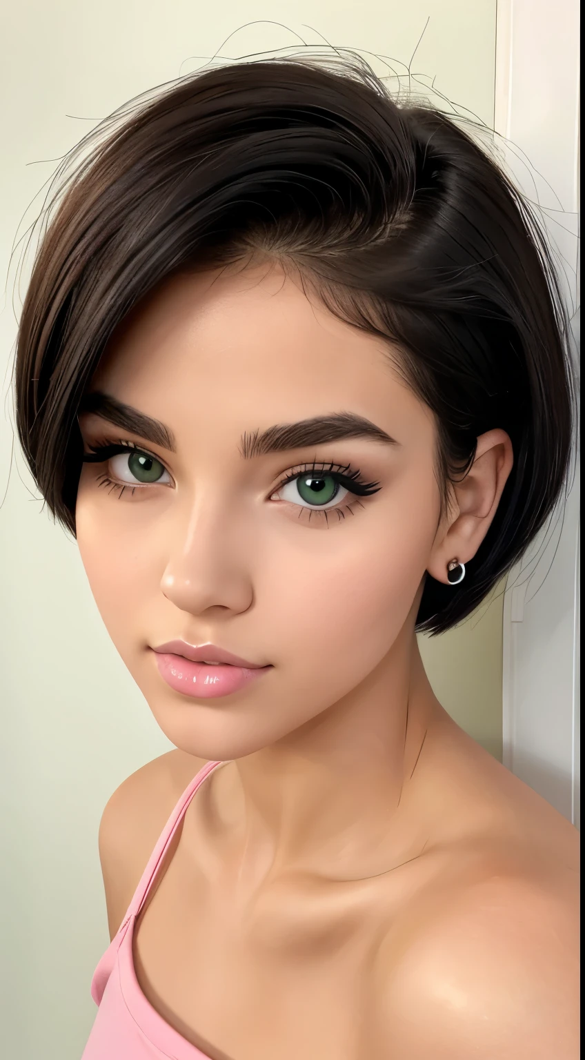 Amazing portrait of the upper body of a young woman who is 20 years old with a beautiful and highly detailed face and skin texture with fine brown eyes with double eyelid and thin eyebrows and glitter eyeliner with natural cheeks and shiny skin wearing a pastel pink t shirt paired with a pastel green shorts that showcases the creamy expanse of her porcelain skin and earrings with glossy lips parted seductively with black short bob hair with focus on her chest and face with this upper body shot with small breasts