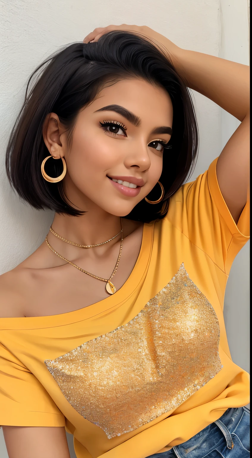 Amazing portrait of the upper body of a young woman who is 20 years old with a beautiful and highly detailed face and skin texture with fine brown eyes with double eyelid and thin eyebrows and glitter eyeliner with natural cheeks and shiny skin wearing an loose orange t shirt and yellow short shorts paired with a sparkly necklace and earrings with glossy lips parted in an enchanting smile with black short bob hair with focus on her chest and face with this upper body shot and her t shirt showcasing her bare shoulders and small breasts