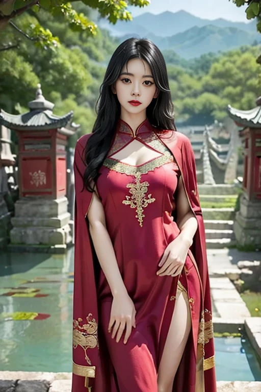 1 female，，center， She has long black hair，Red lips，Perfect Thighs，Looking at the camera，stand up，night，Ancient temples，Showing off the muscles， curl， Dark Skies，（（（masterpiece），（High-definition CG Unity 8k wallpaper），Best Quality，Cinema Lighting，Detailed Background，beautiful right eye pupil，（Very delicate and beautiful），（Beautiful and detailed description of the eyes），Very detailed，masterpiece，）），High resolution，Very detailed），Queen of China（clothing：，Gold thread embroidery，Red Chinese Dress，race，Red Cape），Shen