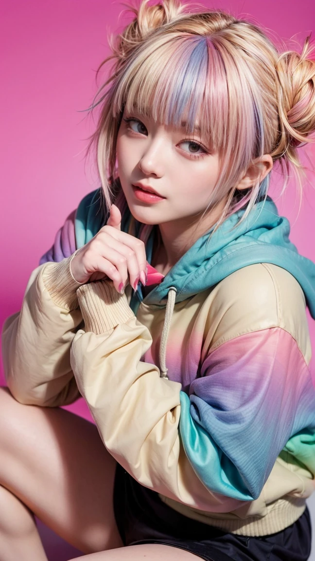 Toga himiko, (best quality, absolutely resolution, ultra detailed, masterpiece), (photo realistic), 8K, BREAK (detailed face), delicate realistic skin texture, (smile), 1girl, young woman, 20yo, delicate eyes, ((beautiful doe eyes, cat-like eyes)), (heavy eyes makeup, red lipstick), BREAK (colorful gradation hair:1.8), short hair, shiny lips, BREAK (overly long sleeves , light pink oversized_hoodie), (bare thighs:1.2), (white sneaker:1.2), BREAK (bright yellow background:1.3), (front), (bright room:1.4)