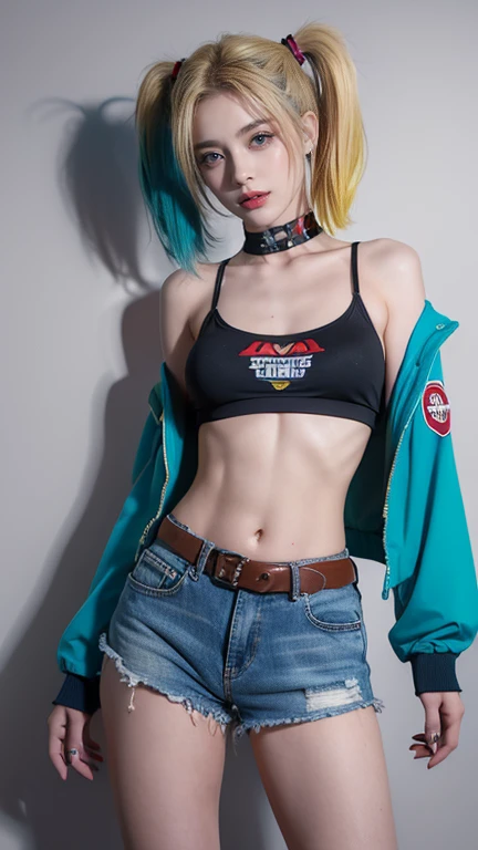 Evil Laugh,nsfw,Messy, dirty, and various behaviors, 21yo girl, masterpiece, best quality, (extremely detailed CG unity 8k wallpaper, masterpiece, best quality, ultra-detailed, best shadow), (detailed background), (beautiful detailed face, beautiful detailed eyes), High contrast, (best illumination,middle breasts, big hip, an extremely delicate and beautiful), pikkyharleyquinn, 1girl, solo, looking at viewer, blonde hair, multicolored hair, blue hair, red hair, twintails, long hair, bangs, blue eyes, green eyes, perky middle breasts,big hip, red lips, choker, shorts, pantyhose, jacket, makeup, midriff, navel, lipstick, belt, shirt, tattoo, jersey, t-shirt, torn clothes, crop top, multicolored clothes, torn pantyhose, multicolored jacket, short shorts, nail polish, lora:HarleyQuinn:0.8 ,Harley queen,Looking back:1.3,UHD,8K, HDR,above:1.6