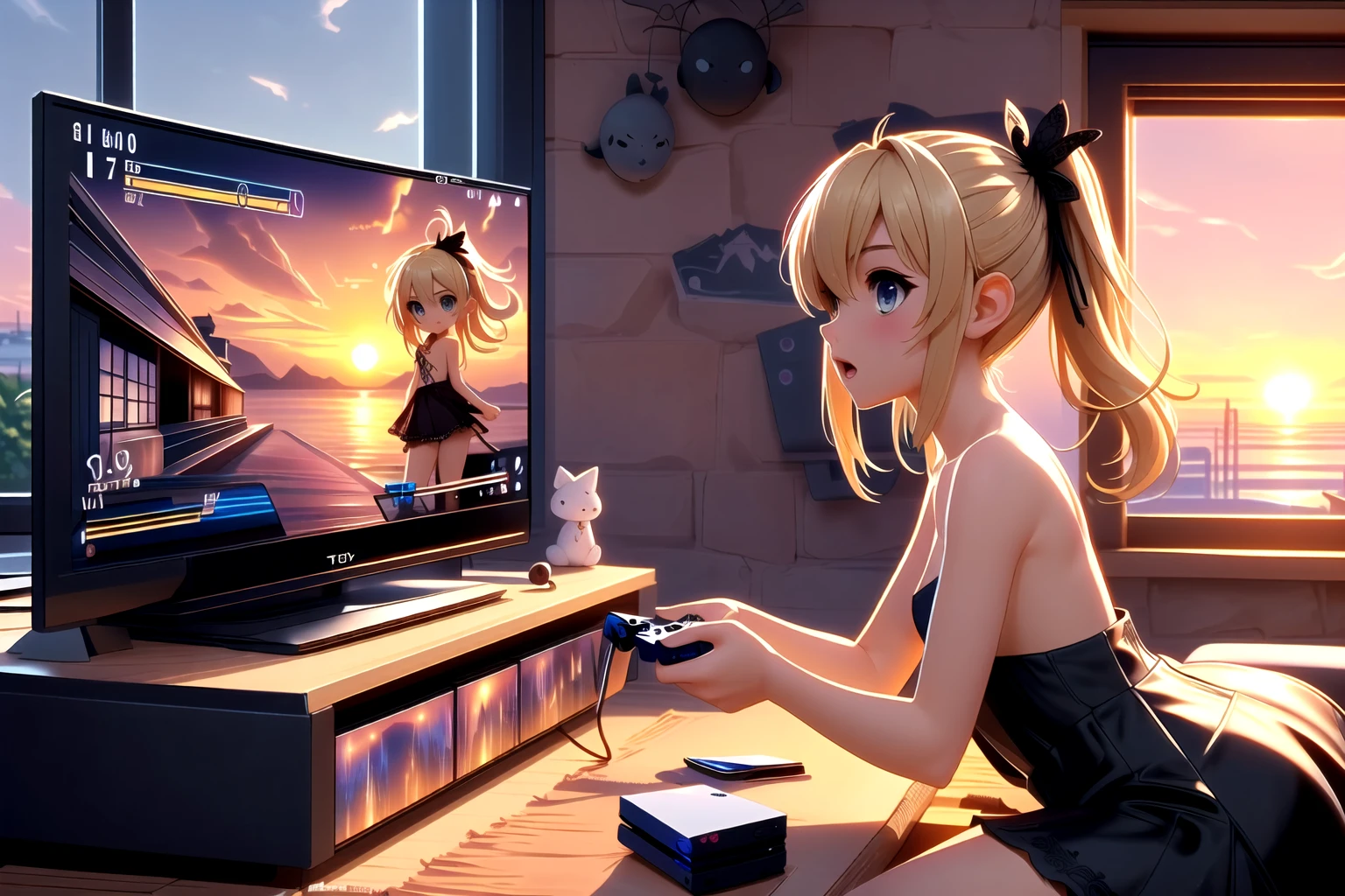 (nsfw), (Topless:1.3), (((masterpiece))), (((Best Quality))),  (((from side))), (((Play video games))), ((Hold the controller)), ((Watching the TV screen)), ((RPG game interface on TV)), Comic book shelf, playstation game, Alone, One girl, (Breasts starting to swell), (Small breasts),((scattered on the sofa)), Clevis, big , ribbon, Blonde short ponytail, ((black lace dress)), like, Open your mouth, shy, , Small build, Flooring, CD, doll, table, Poster, ((window)), (((Sunset view))), 