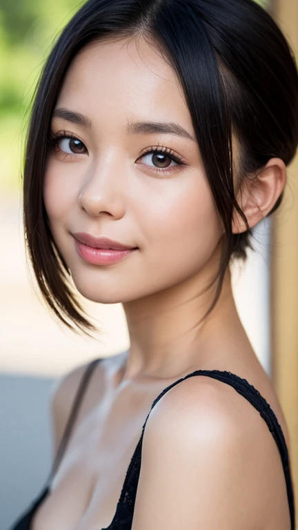 masterwork、maximum quality、Ultra-detail、Highresolution、(in 8K、pfotorealistic、RAW Photography)、(1girls)、(Adult women)、(Lace underwear)、(kind smile)、Realstic、RAW Photography、real person、、(clean, White skin)、maximum quality、masterwork、ultra high-resolution、(pfotorealistic:1.4)、Raw foto、Black hair semi-long hair
