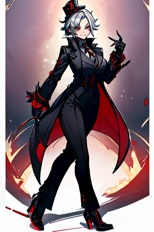 female, silver hair with thin ponytail, red eyes, (((1girl))), (((silver coat with red lining)), (black shirt), (black pants), (black heeled shoes), (black belts), (black gloves with gold nails), (red ribbon around collar), (red top hat with black trim), (cute and sexy, full body, big breasts, long legs, smiling