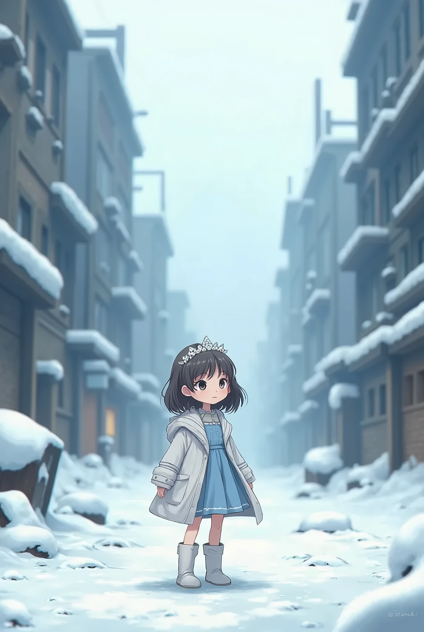 Little anime girl with a crystal deadema, dressed in a light blue dress and a white coat, with white boots, standing in the snow in the middle of an abandoned city 