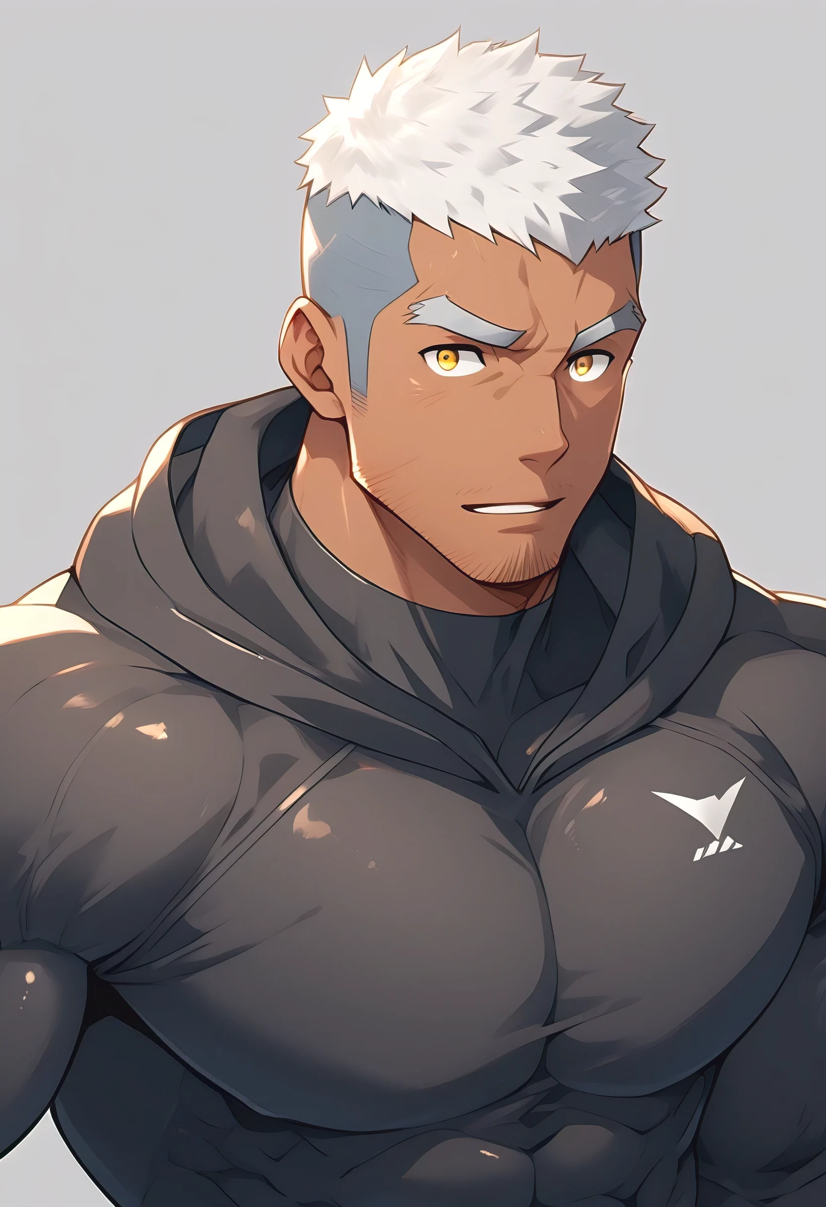 (T-shirt hood crossed arms, arms, muscle muscular Macho large pectorals abs veins, veiny_arms, veiny_hands, veiny_belly, veiny_breasts, dark_skin, upper_body), eyes_glittering, detailed_eyes, beautiful_and_delicate_eyes, anime_face, panning_photography, high-quality 8k ultra-resolution, face_like_game_character, character_design, best_quality, shirt, short_hair skindentation, (solo male, detailed_eyes streaked_hair), (wolf_ears), male_focus, short_hair, toned, toned_male