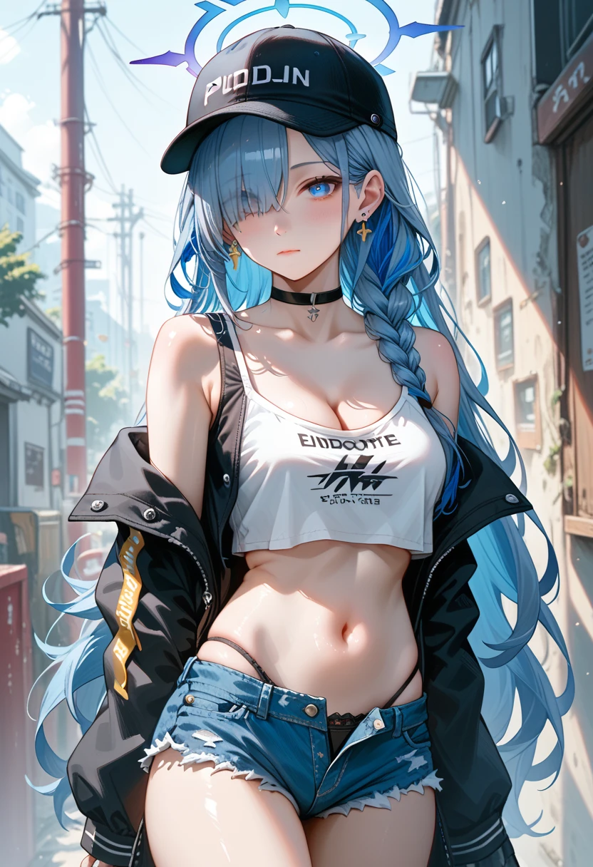 score_9,score_8_up,score_7_up,zPDXL3,zPDXLxxx,1girl,solo,nyl,shorts,choker,plana \(blue archive\),looking at viewer,halo,black choker,long hair,navel,hat,hair over one eye,denim shorts,alternate costume,cleavage,medium breasts,braid,stomach,denim,crop top,blue eyes,micro shorts,jacket,short shorts,v,open fly,open clothes,multicolored hair,underwear,black headwear,bare shoulders,panties,closed mouth,single braid,off shoulder,blue shorts,very long hair,blue hair,jewelry,long sleeves,baseball cap,earrings,shirt,open jacket,red pupils,side braid,black panties,midriff,cowboy shot,sleeveless shirt,black jacket,cutoffs,colored inner hair,sleeveless,