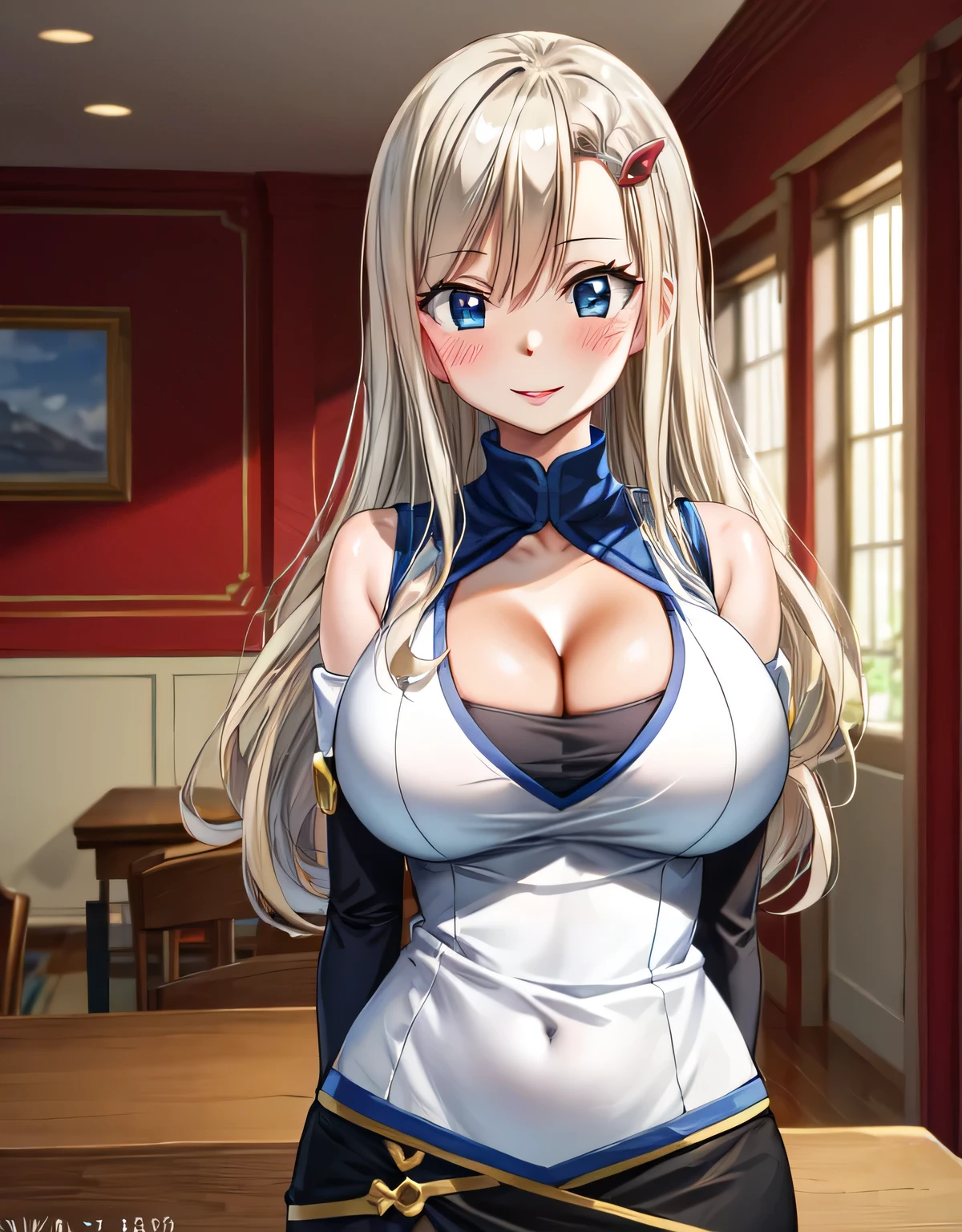 hmrb,cleavage,long hair,hairclip,white shirt,sleeveless,detached sleeves,miniskirt,black skirt,smile,blush,lips,indoor room,blue eyes,(large breasts:1.72),(shiny hair),((solo)),((masterpiece)),((best quality)),perfect anatomy,slim waist,perfect image,8k UHD,(beautiful detailed eyes:1.5),extremely detailed face,standing,(upper body:1.2),(look at the front:1.5),ultra-detailed,absurdres,ultra-highres,arms behind back,