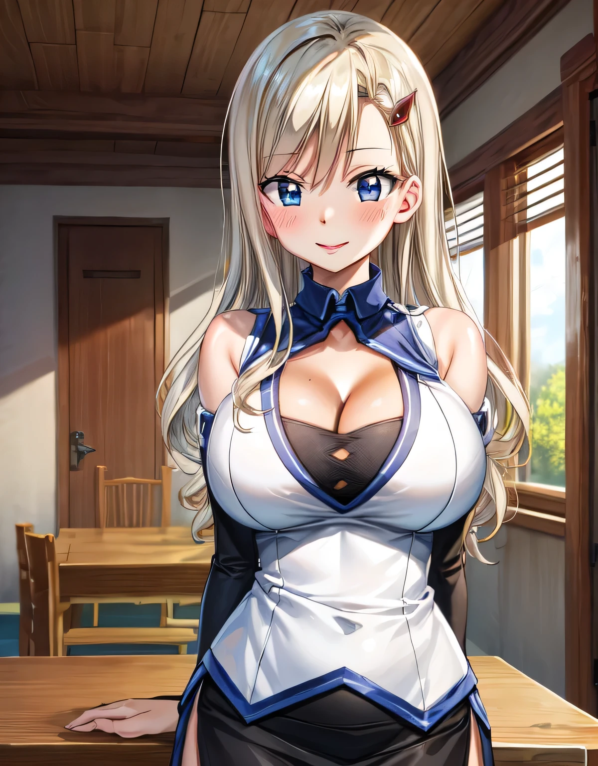 hmrb,cleavage,long hair,hairclip,white shirt,sleeveless,detached sleeves,miniskirt,black skirt,smile,blush,lips,indoor room,blue eyes,(large breasts:1.72),(shiny hair),((solo)),((masterpiece)),((best quality)),perfect anatomy,slim waist,perfect image,8k UHD,(beautiful detailed eyes:1.5),extremely detailed face,standing,(upper body:1.2),(look at the front:1.5),ultra-detailed,absurdres,ultra-highres,arms behind back,