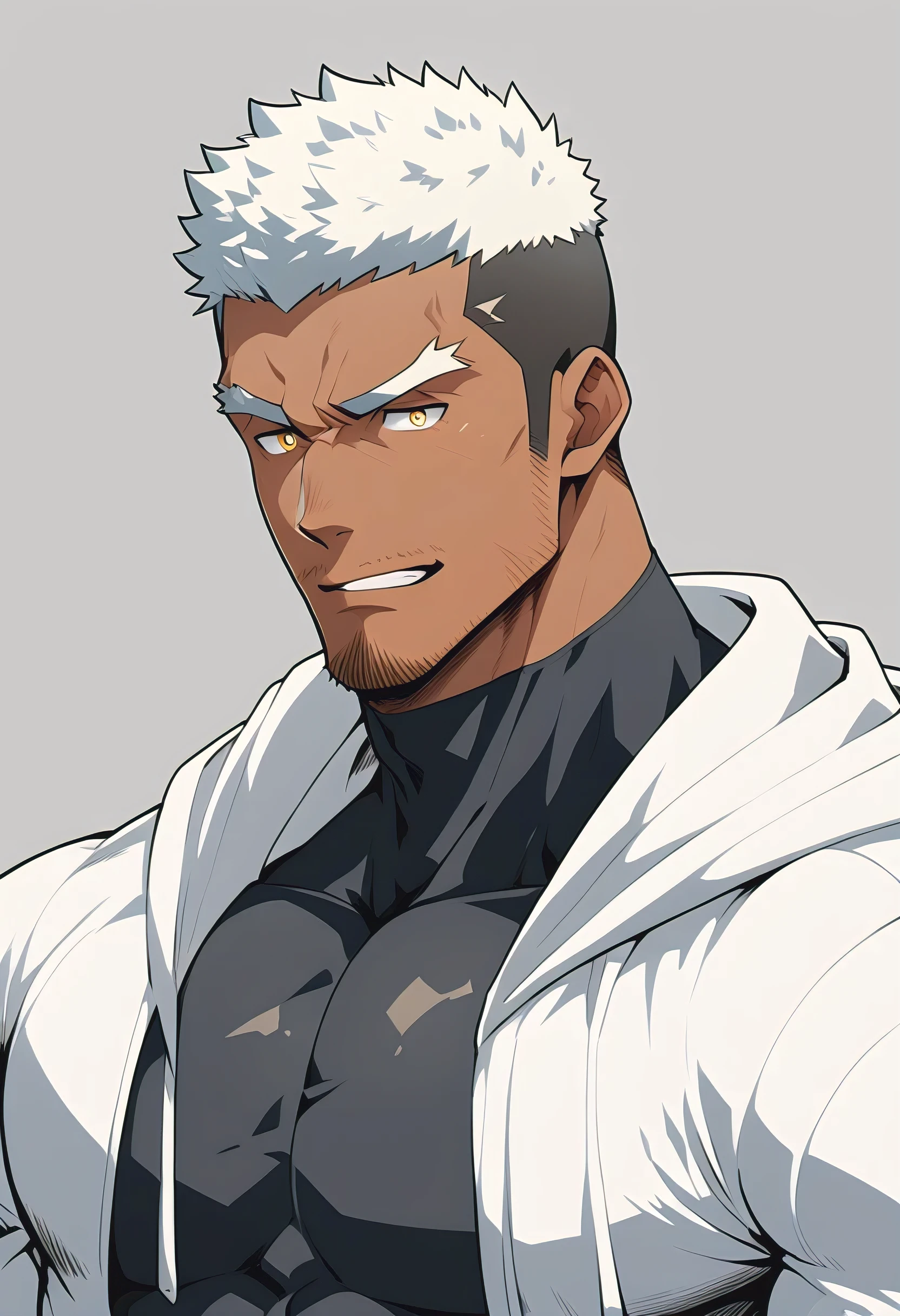 negro，anime characters：Gyee, Young Muscle Sports Sexy Teacher, negro black skin, Manliness, male focus, milky White long-sleeved hooded sweatshirt, Wear a black high-necked tights inside, Very tight, muscular male, muscular, only, Upper body, White short hair, Thick eyebrows, stubble, Yellow eyes, Grey background, simple background, amazing quality, best aesthetics, Ridiculous, bright pupils, crew cut, parted lips, embarrassed, endured face, Aggrieved expression, best quality