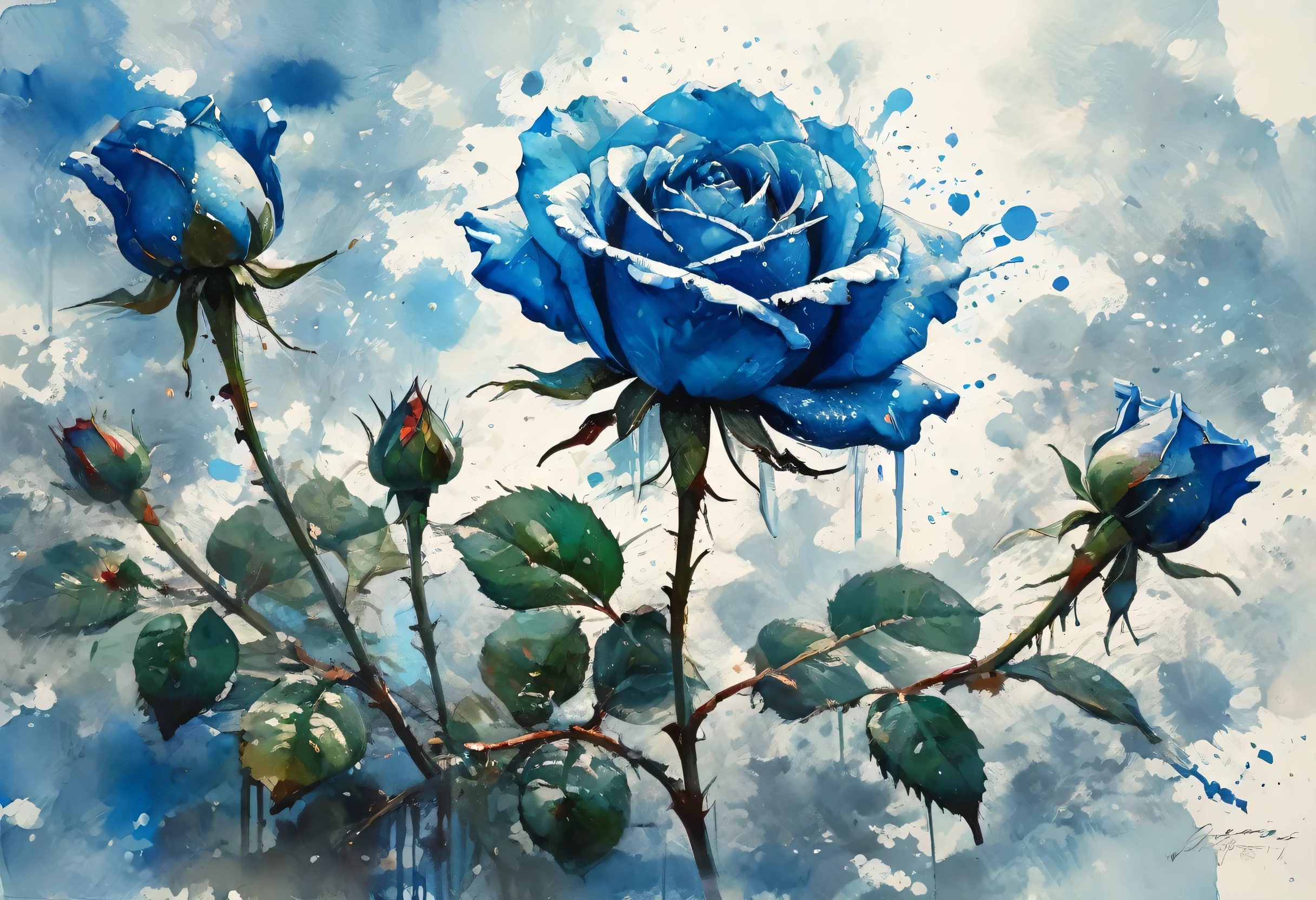 Blue rose painting with splattered background and spray paint effect、By Eugene Zack、Watercolor art、By Carr Lotz、Watercolor、Watercolor style、Watercolor detailed art、By Reuben Tam、Watercolor digital painting、Watercolor、Stunningly detailed Watercolor、Watercolor Art、Grzegorz Rutkowski