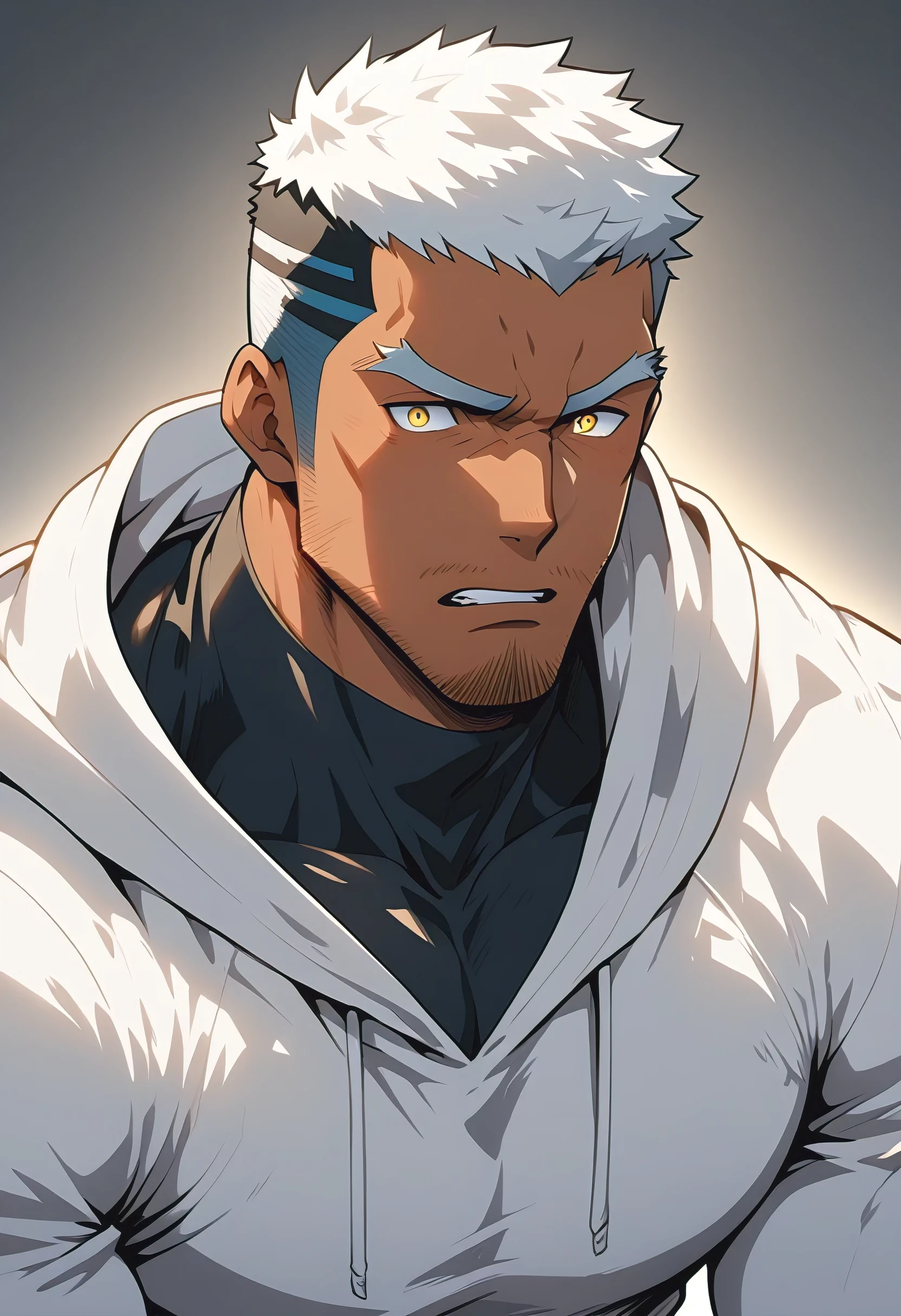 negro，anime characters：Gyee, Young Muscle Sports Sexy Teacher, negro black skin, Manliness, male focus, milky White long-sleeved hooded sweatshirt, Wear a black high-necked tights inside, Very tight, muscular male, muscular, only, Upper body, White short hair, Thick eyebrows, stubble, Yellow eyes, Grey background, simple background, amazing quality, best aesthetics, Ridiculous, bright pupils, crew cut, parted lips, embarrassed, endured face, Aggrieved expression, best quality