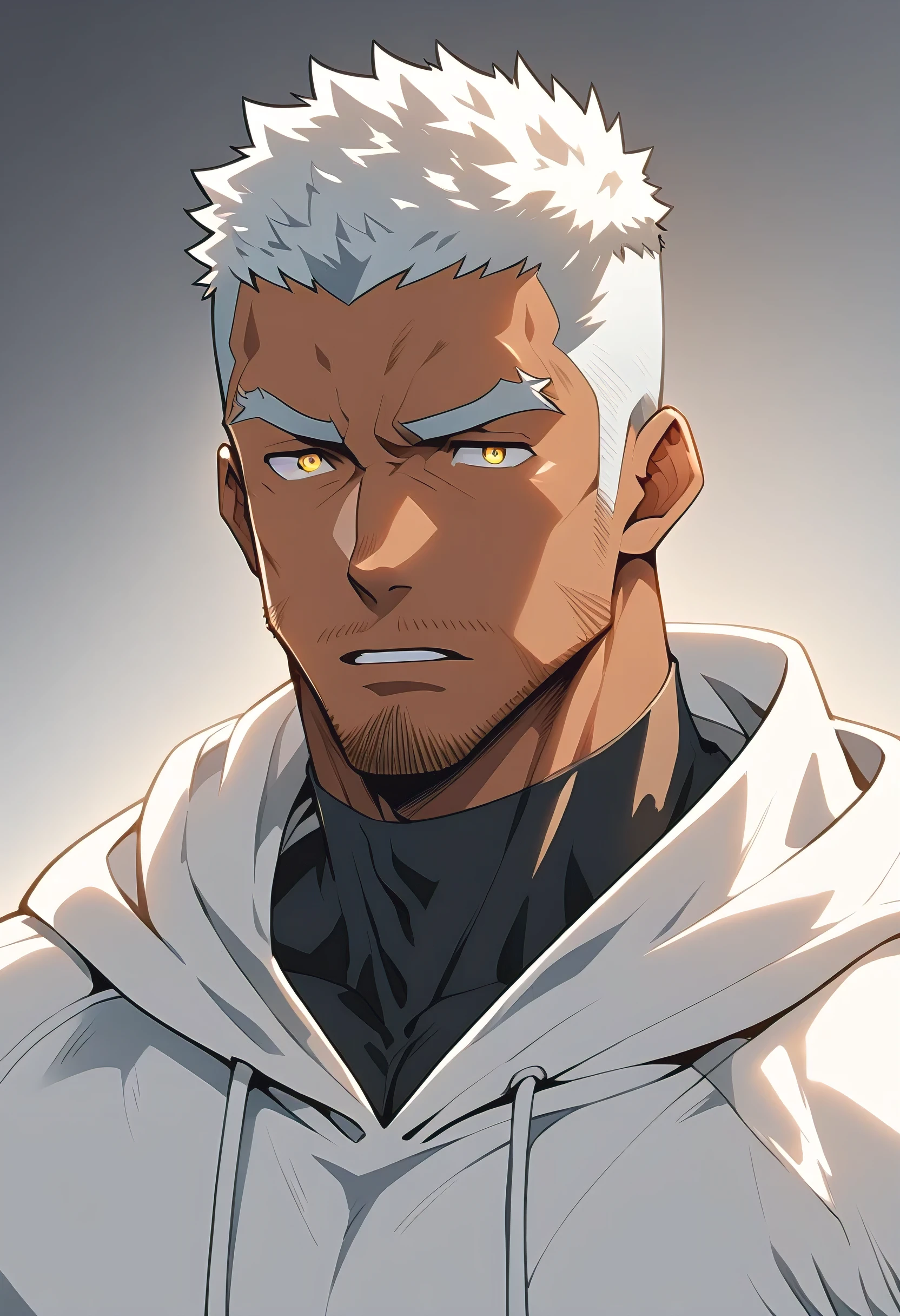 negro，anime characters：Gyee, Young Muscle Sports Sexy Teacher, negro black skin, Manliness, male focus, milky White long-sleeved hooded sweatshirt, Wear a black high-necked tights inside, Very tight, muscular male, muscular, only, Upper body, White short hair, Thick eyebrows, stubble, Yellow eyes, Grey background, simple background, amazing quality, best aesthetics, Ridiculous, bright pupils, crew cut, parted lips, embarrassed, endured face, Aggrieved expression, best quality