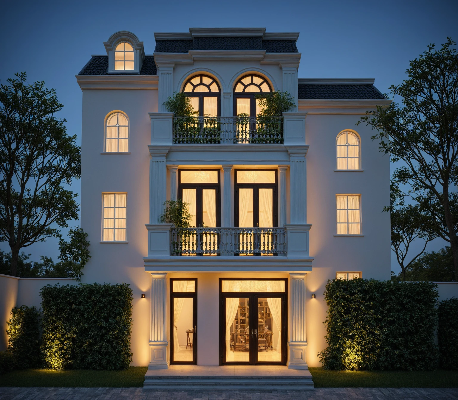 [Neoclassic house at night, modern design, calm and inviting mood], black xingfa door and main door, Architectural visualization, [Exterior night shot, slightly low angle, soft warm exterior lighting, lighting visible through windows, (white wall:1.2), real textures contrasted, tree around, luxurious,chiaroscuro lighting,dramatic shadows, (design spotlight for townhouse in night) , irons frame roof top, design reverse light
 for fence and main door for townhouse in night), (architectural design visualization), (chao vantage software visualization render),((reality environment)), (2-way lighting design on the fence and main wall of the house), warm led lighting 3800k, main door of house with iron frame between two wooden panels, ambient light at dusk dissolves morning and evening, 8k uhd, dslr, soft lighting, film grain, Fujifilm XT3, {Best Quality|Masterpiece|best illustration|Photorealism archdaily|award winning design|photorealistic|extreme detail|Stunning|photographic render|High-fidelity|vray render|Eye-catching|Sharp edge render}, Each keyword suggestion appears in bold, eye-catching typography, radiating creativity and innovation. Terms like "high-resolution," "dynamic range," and "anti-aliasing" float like colorful bubbles, some shimmering with a subtle gradient of colors that evoke a sense of clarity and precision