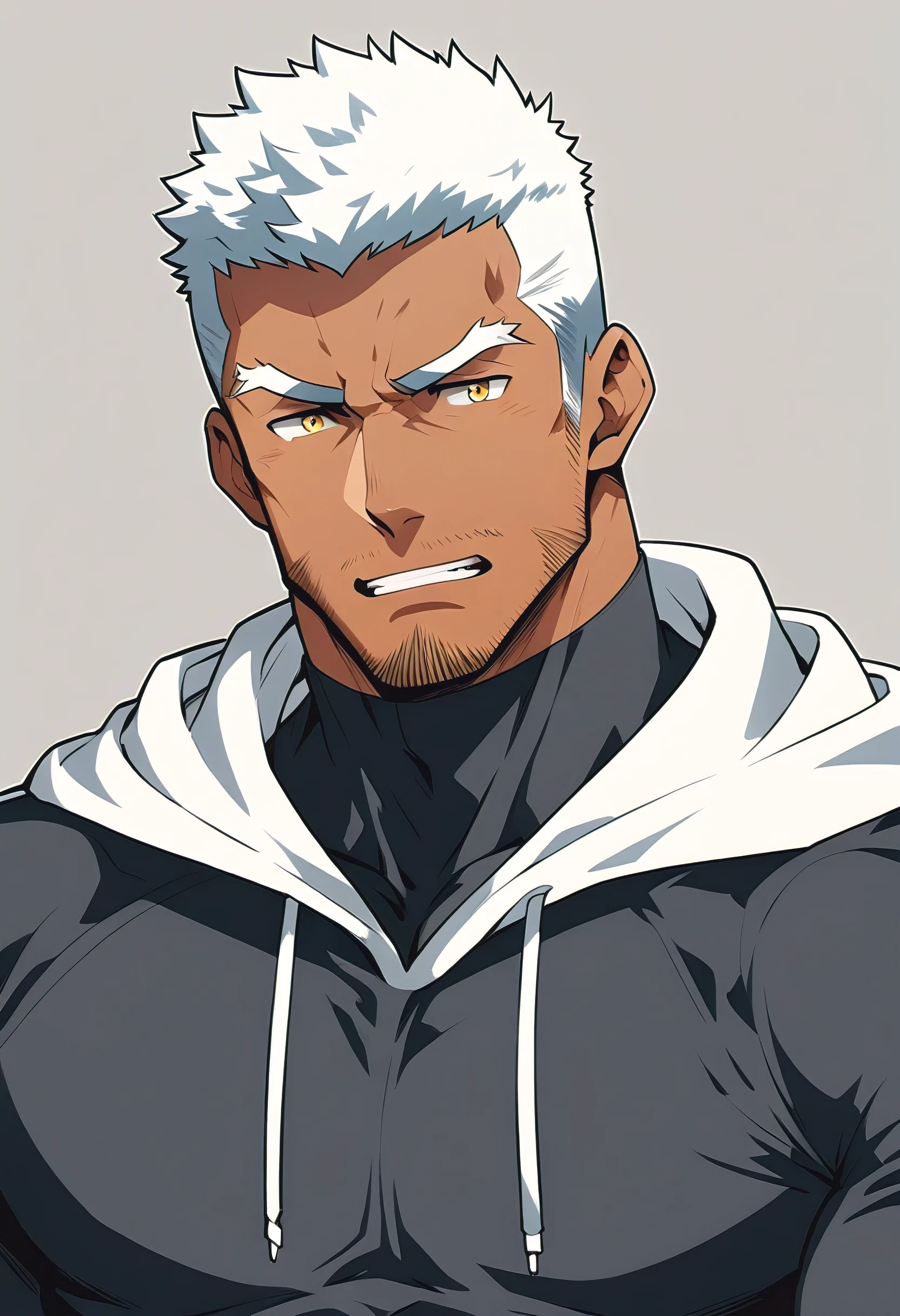 negro，anime characters：Gyee, Young Muscle Sports Sexy Teacher, negro black skin, Manliness, male focus, milky White long-sleeved hooded sweatshirt, Wear a black high-necked tights inside, Very tight, muscular male, muscular, only, Upper body, White short hair, Thick eyebrows, stubble, Yellow eyes, Grey background, simple background, amazing quality, best aesthetics, Ridiculous, bright pupils, crew cut, parted lips, embarrassed, endured face, Aggrieved expression, best quality