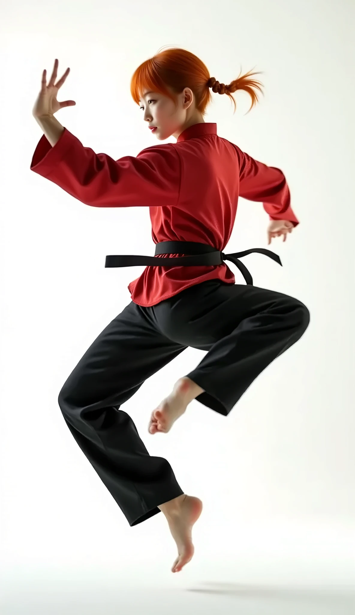 A silhouette of a martial artist in a dynamic pose (e.g., high kick, striking stance) with a backdrop of a traditional dojo or a stylized dragon.