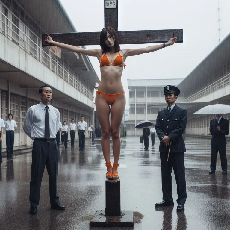 1 girl, realisitic, Raw photo, japanaese girl, (fullnude:1.9), (beautiful countenance:1.4), 18year old, bobhair, Black hair、(Crucifixion to a burning cross engulfed in flames on stage:1.8), (Tied to a cross with barbed wire:1.5), not any dressed、(enthusiastic crowd:1.2)