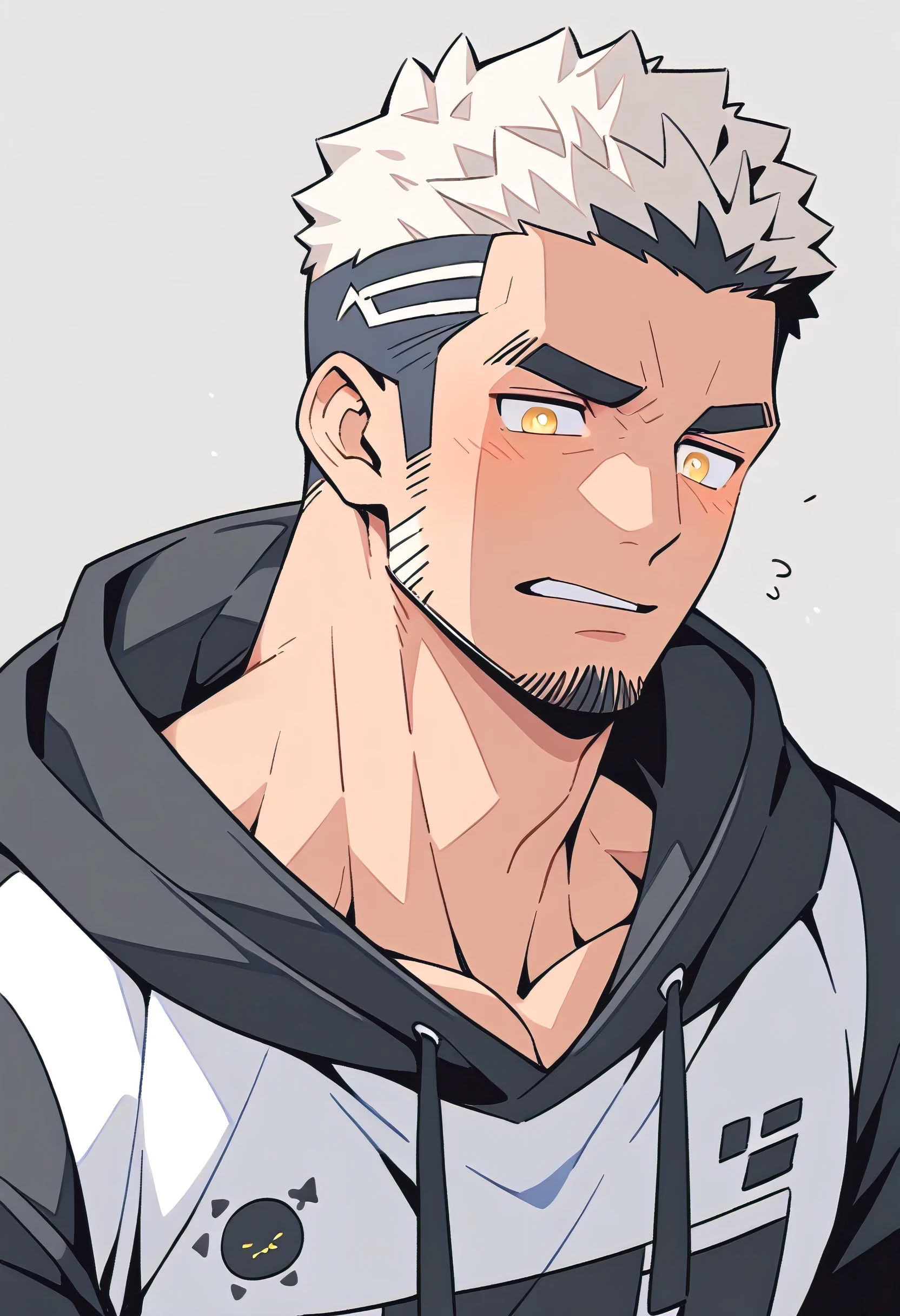 negro,anime characters:Gyee, Young Muscle Sports Sexy Teacher, negro black skin, Manliness, male focus, milky White long-sleeved hooded sweatshirt, Wear a black high-necked tights inside, Very tight, muscular male, muscular, only, Upper body, White short hair, Thick eyebrows, stubble, Yellow eyes, Grey background, simple background, amazing quality, best aesthetics, Ridiculous, bright pupils, crew cut, parted lips, embarrassed, endured face, Aggrieved expression, best quality
