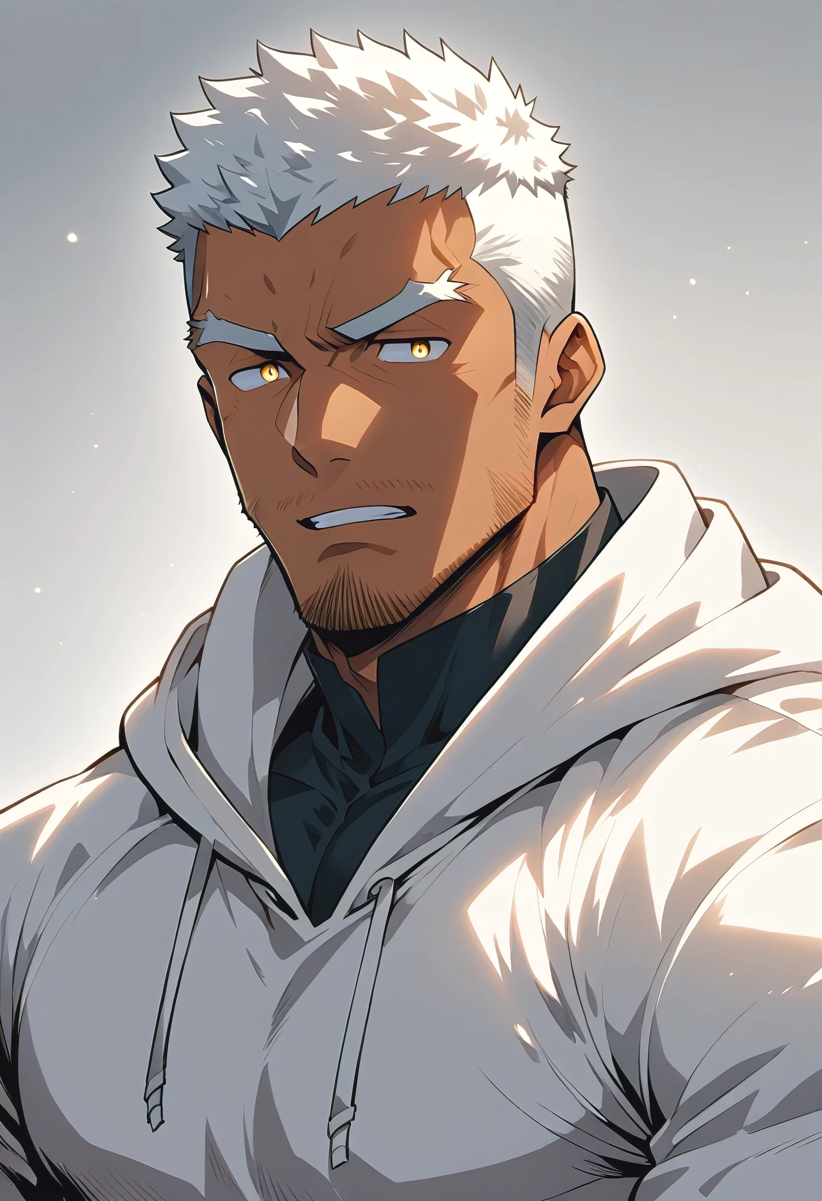 negro，anime characters：Gyee, Young Muscle Sports Sexy Teacher, negro black skin, Manliness, male focus, milky White long-sleeved hooded sweatshirt, Wear a black high-necked tights inside, Very tight, muscular male, muscular, only, Upper body, White short hair, Thick eyebrows, stubble, Yellow eyes, Grey background, simple background, amazing quality, best aesthetics, Ridiculous, bright pupils, crew cut, parted lips, embarrassed, endured face, Aggrieved expression, best quality