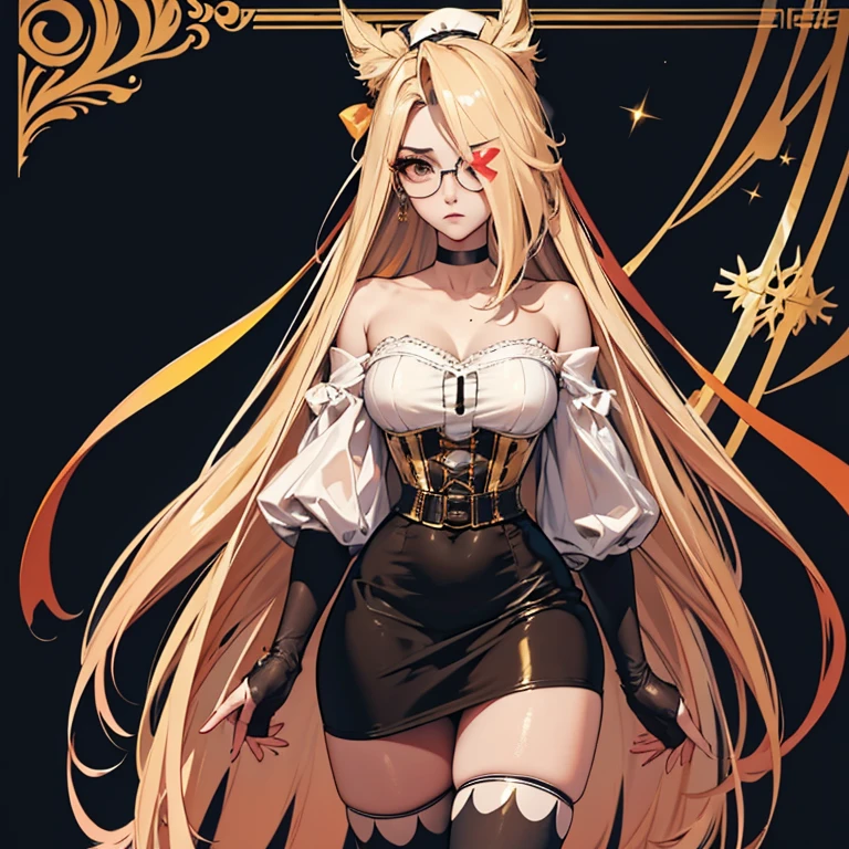 character reference sheet, stand, full-body view, (masterpiece, best quality:1.4), absurdres, highres, ultra detailed, beautiful, glasses, collarbone, fingerless gloves, jacket, strapless sheer lace corset, black pencil skirt, tight, over the knee skirt, hat, thighhighs, thick thighs, thighs, multiple belts, wear light and beauty golden armor fantasy style, More detailed 8K.motor irreal:1.4,UHD,La mejor calidad:1.4, fotorrealista:1.4, textura de la piel:1.4, obra maestra:1.8,obra-prima, mejor calidad, (detailed face features:1.3),(manos detailed)