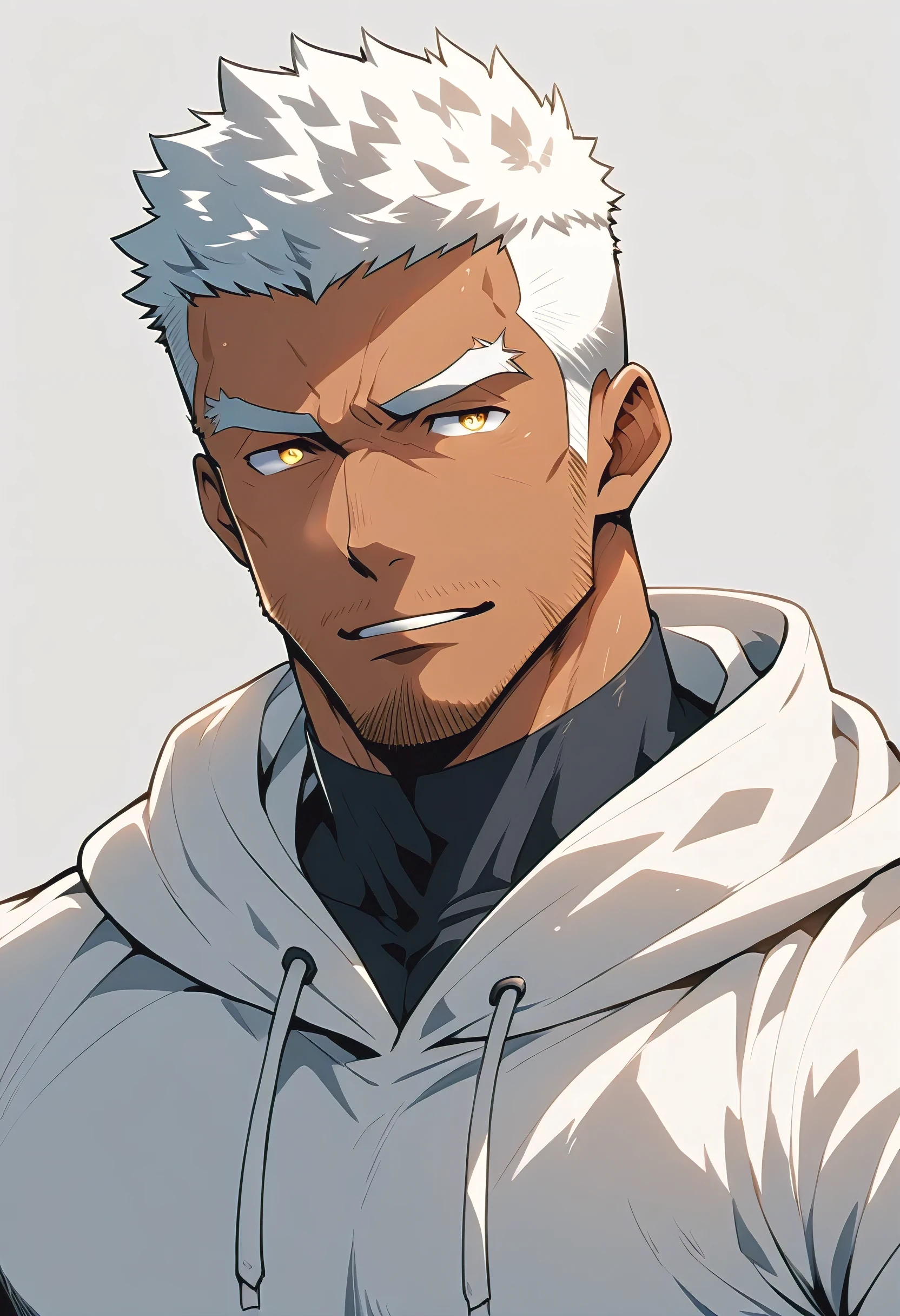 negro，anime characters：Gyee, Young Muscle Sports Sexy Teacher, negro black skin, Manliness, male focus, milky White long-sleeved hooded sweatshirt, Wear a black high-necked tights inside, Very tight, muscular male, muscular, only, Upper body, White short hair, Thick eyebrows, stubble, Yellow eyes, Grey background, simple background, amazing quality, best aesthetics, Ridiculous, bright pupils, crew cut, parted lips, embarrassed, endured face, Aggrieved expression, best quality