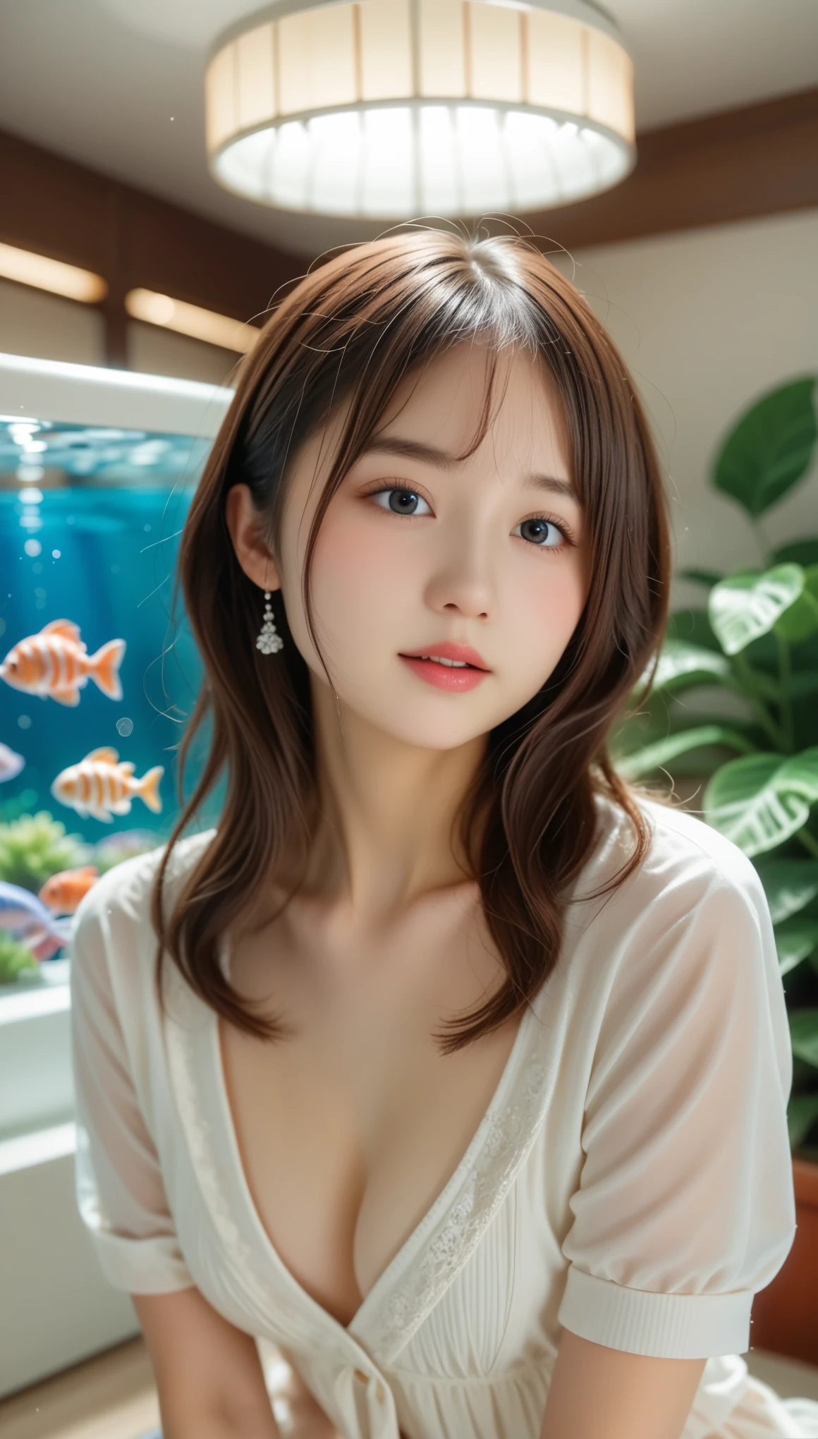 Portraiture、Miniature photo style、One Girl、Focus on the girl、Brown Hair、Shortcuts、(((Large aquarium、aquarium)))、Houseplants、Succulents、Beautifully laid out、完璧にBlurred Background、Well-coordinated room、Sit on a chair、Please redeem、Highest quality、Ultra-high resolution、Very detailed、８ｋ、Cinema Lighting、Professional photographer、Miniature、Blurred Background、