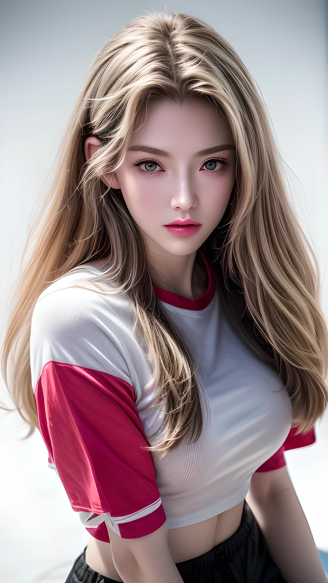 (((Perfect number,number,Alone, White and tender skin,(((cyberpunk,Short sleeve, Dolphin shorts, t-shirt, Pink shorts, Red Shirt, , ))),(((Mia Chadwick, Long hair, Long straight blonde, Brown eyepiece)),high resolution, ((Best quality at best)),masterpiece,quality,Best quality,((( Delicate facial features,Looking at the audience,There is light in the eyes,(((LOL,Happy,))),))),(((Light and Shadow,Huge breasts))),(((Looking at the camera,White background,Lying on the ground,Looking at the camera,From above,Overlooking))))