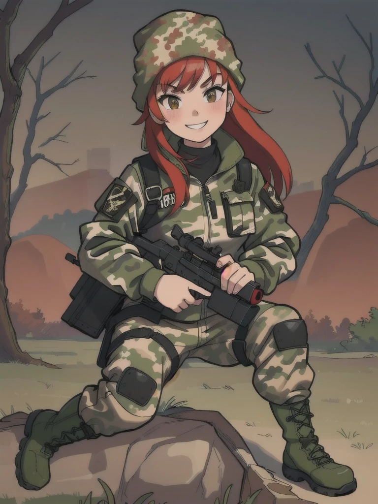 girl with smile and red hair, with a camouflage jacket, tactical glovers, camouflage balaclava, camouflage pants and army boots.