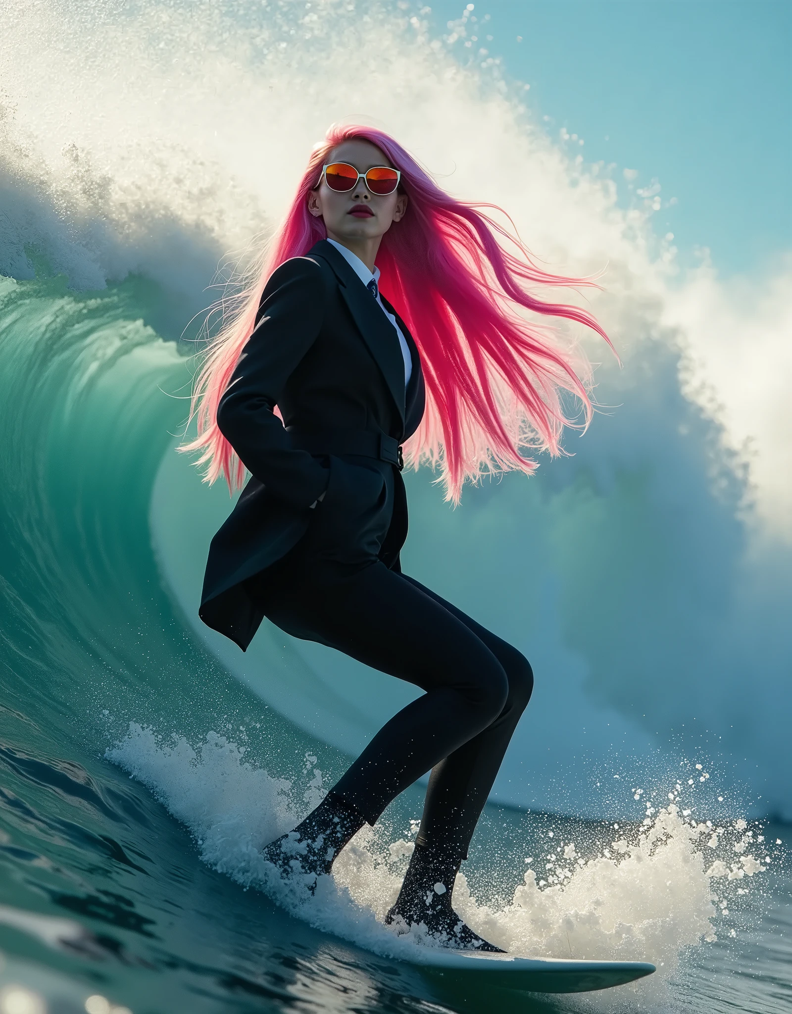 Professional photography, photo of a woman with long pink hair wave surfing a great wave, she wearing a tuxedo, she is a fashionista, professional model posing, she wearing a colorful sunglasses, cinematic lighting, light flare, hand in pocket, intricate detailed, vibrant lighting, epic vibes