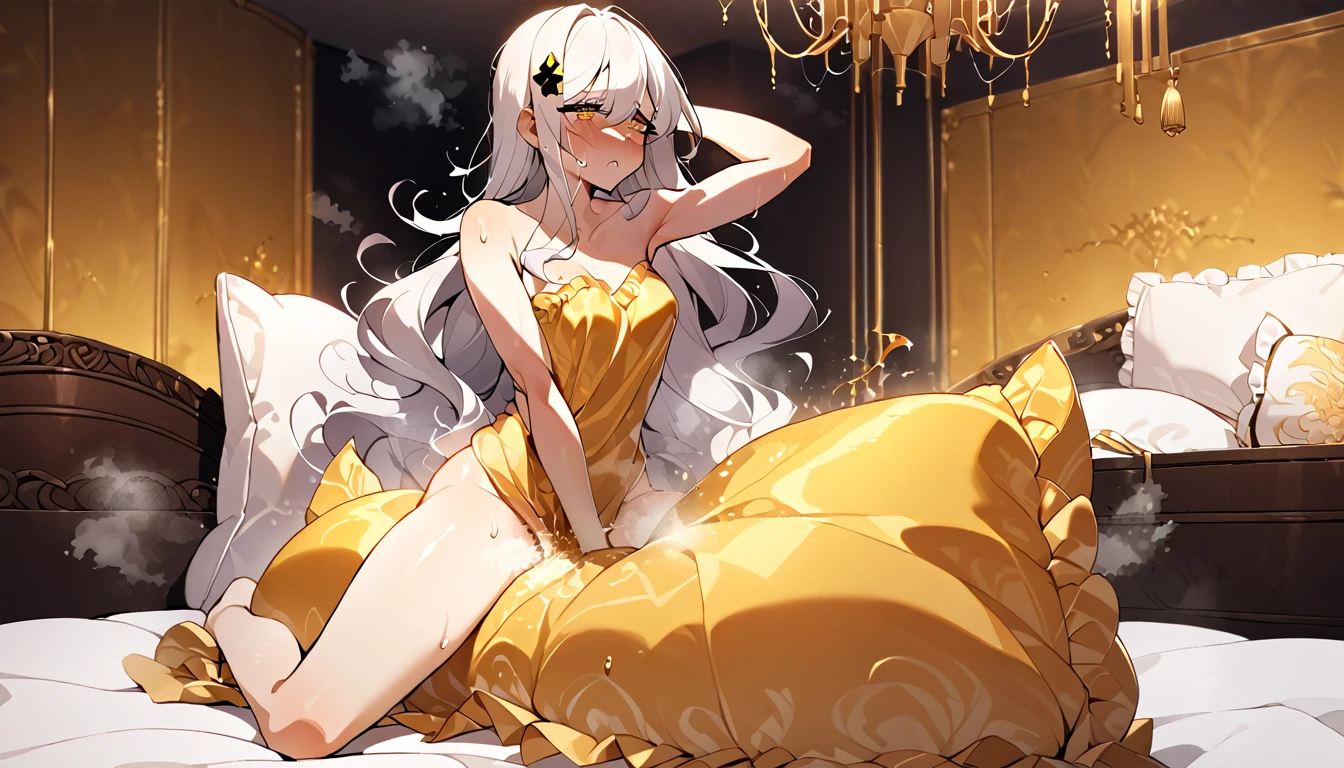 golden silk bed（A woman, flowing white hair, melancholy eyes, yellow pupils, black diamond-shaped hairpin, Cute girl posing on golden silk pillow, frilled golden silk pillow，many golden silk pillows on background, Pillow，steam，(Luxury silk Pillow)，pillow humping，humping, pillow straddling, straddling , crotch rub, hump, riding pillow, pillow on between legs, kneeling，（Steaming hot), , pillow grinding, rubbing crotch on a pillow, (((golden silk frilled pillow))),Luxurious bedrooms, Sweating profusely. She's crying. Lots of sweating. Water spurting out of her crotch. naked, Hands behind your head, She's squirting from her crotch.