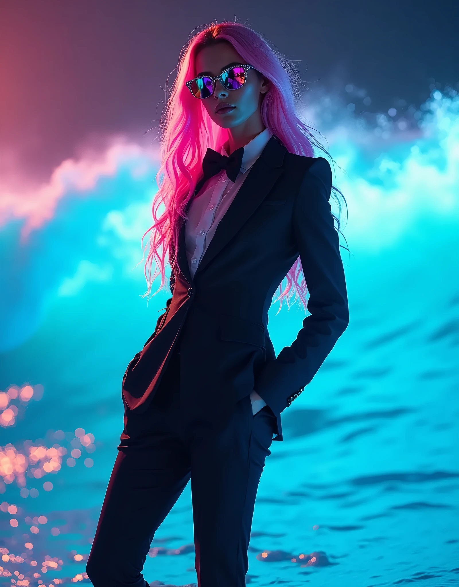 Professional photography, photo of a woman with long pink hair wave surfing a great wave, she wearing a tuxedo, she is a fashionista, professional model posing, she wearing a colorful sunglasses, cinematic lighting, bioluminescence water surface, light flare, hand in pocket, intricate detailed, vibrant lighting, epic vibes