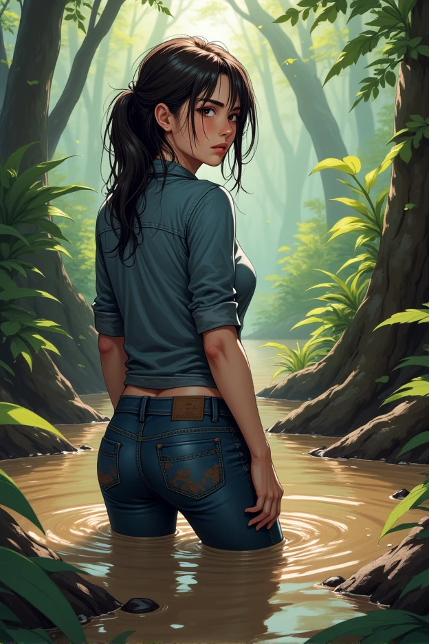 simple vintage, diva , jeans, denim jacket , turns back posing view, sinking in a sludge swamp,  artistic posing , 